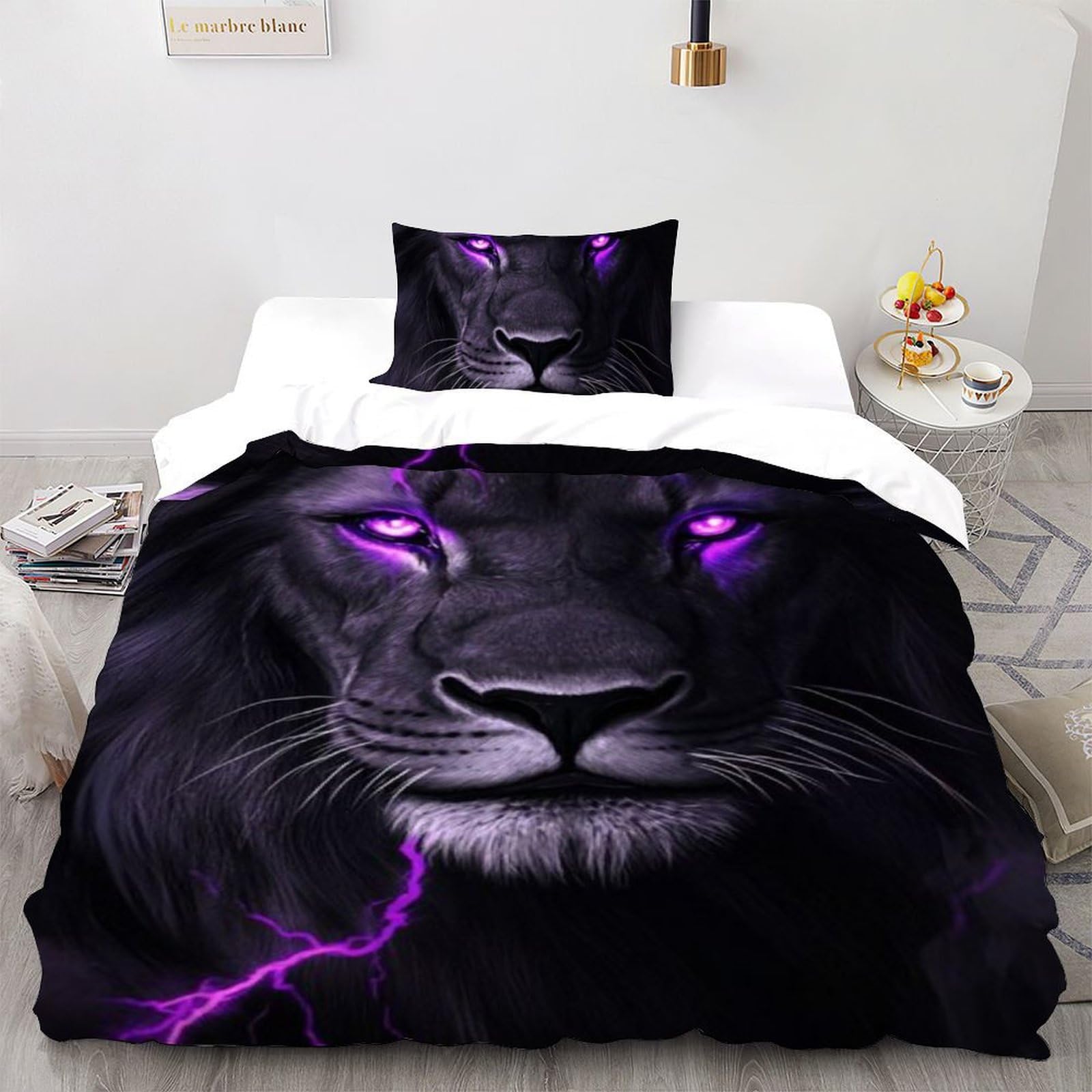 Lion aux yeux violets parure de lit 1 personne en microfibre housse de couette single