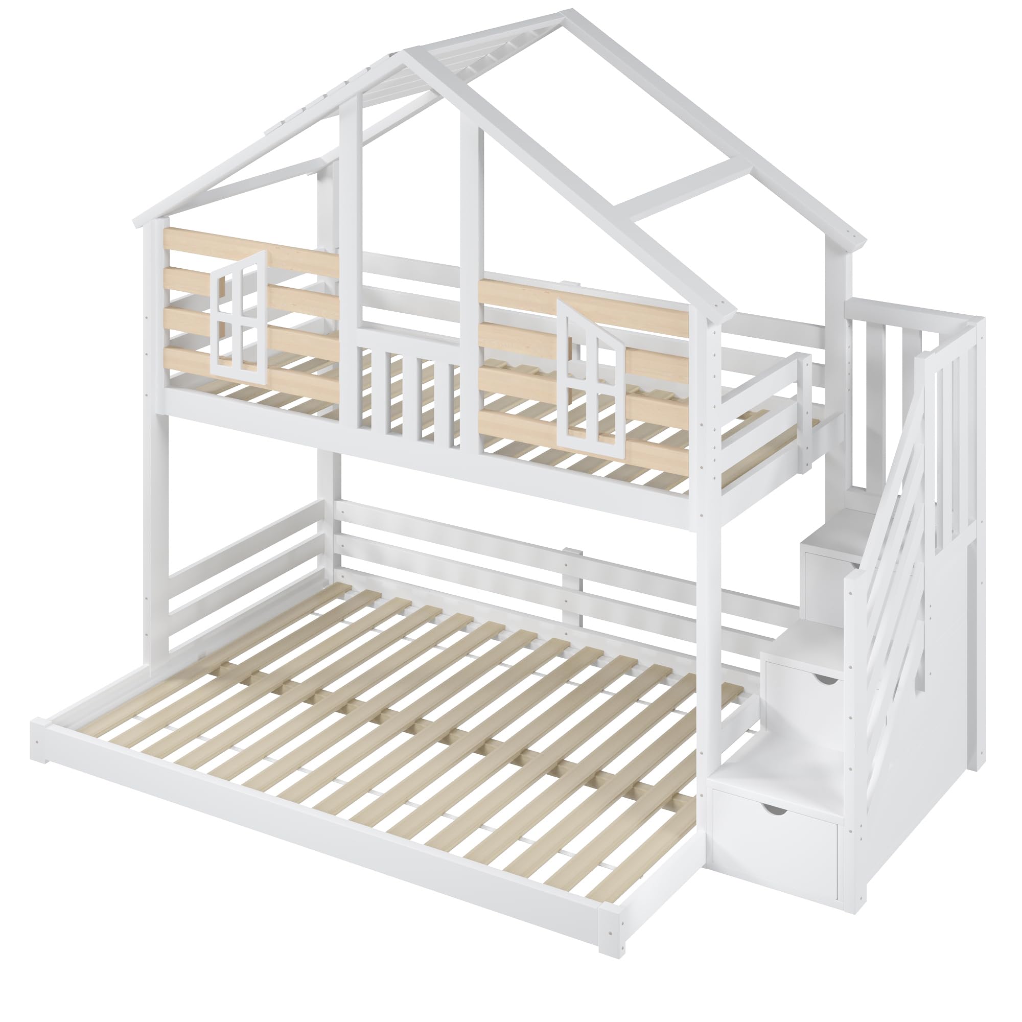 Letto a castello, 90x200cm + 140x200cm, design a casa, design con finestra, scaletta contenitore, letti di varie misure, senza materasso, bianco + naturale((Bianco + Naturale)-B)