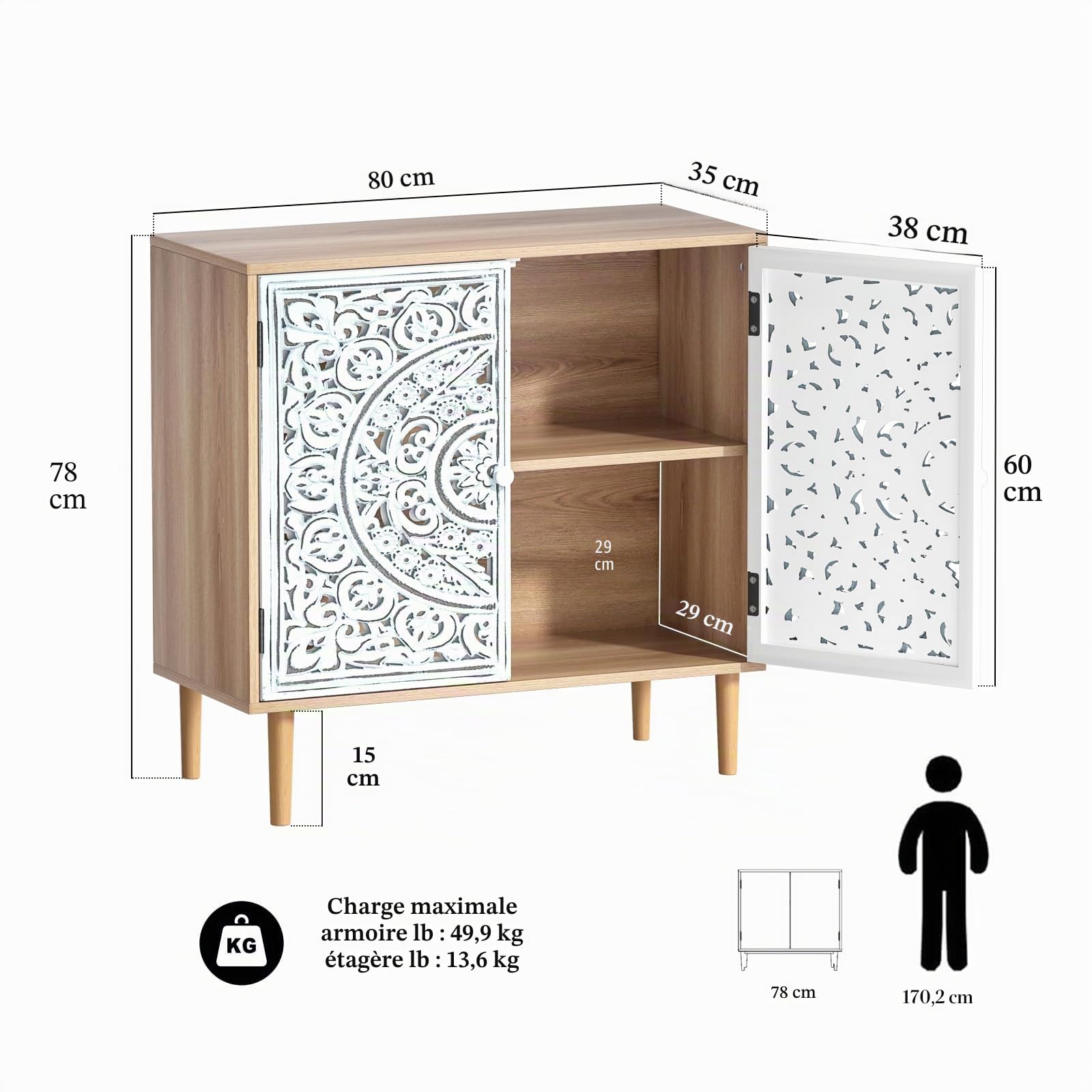 Buffet Bois Sculpté, Meuble de Rangement Cuisine Bas, Meuble Bas avec Pieds en Bois Massif, Étagères Réglables, Armoire de Rangement pour Salon, Cuisine, Chambre, Blanc