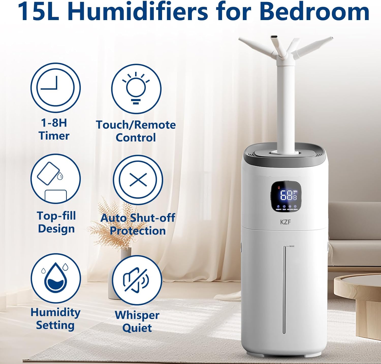 KZF 15L Humidifiers for Bedroom Large Room with a Spray Can - 2000 Sq.ft Coverage, 72Hrs Runtime, Top Fill, 26dB Quiet, 3 Mist Levels & Diffuser, Auto Shut-Off, Ready for Baby Nursery and Plants