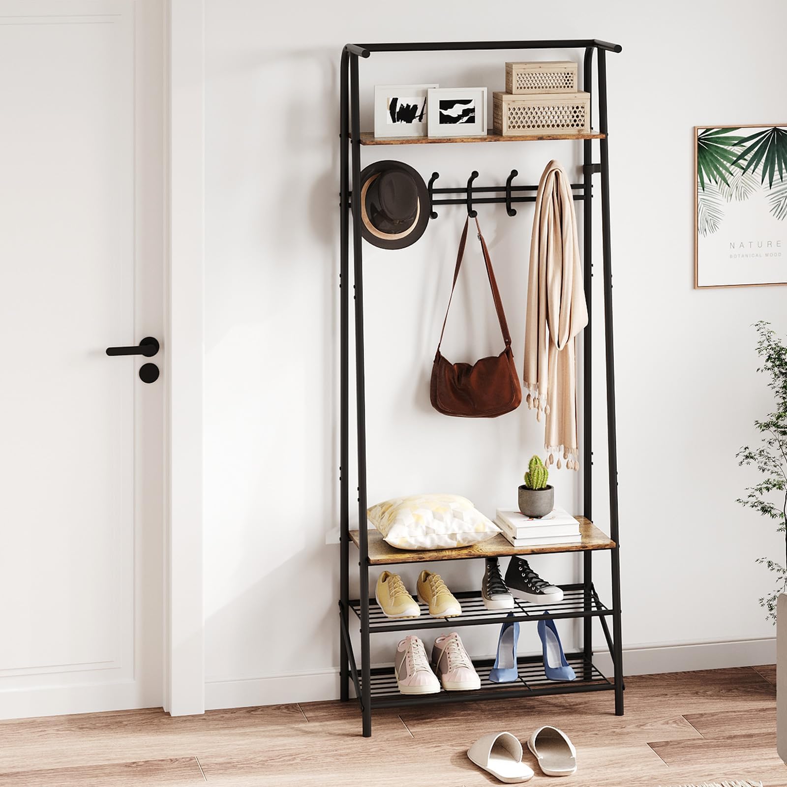– Modern Hall Tree with Bench, Single Row Hook Coat Rack & 3-Tier Shoe Storage, Entryway Organizer with Metal Frame for Hallway, Front Door, and Bedroom