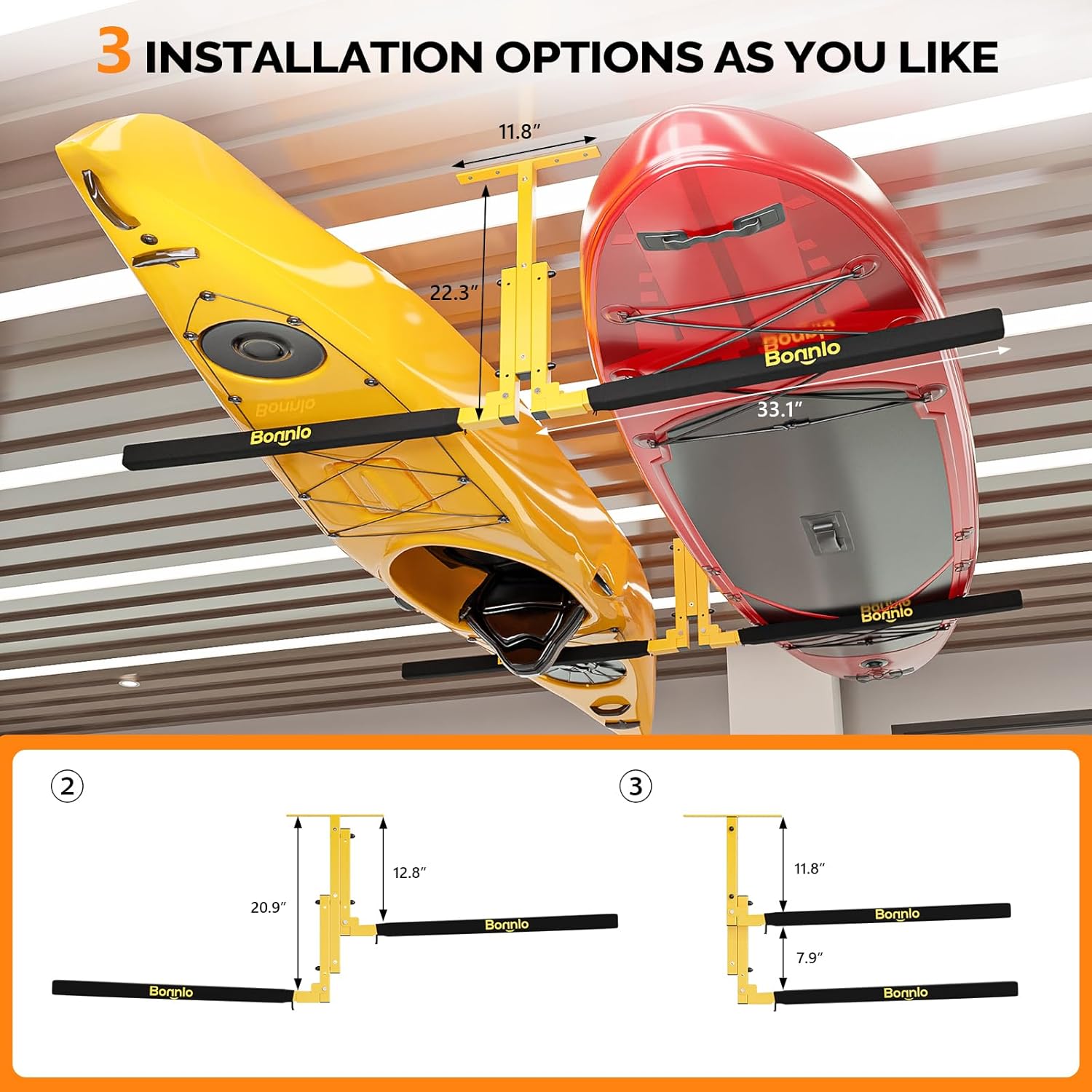 Bonnlo Kayak Ceiling Storage Rack, Overhead Garage Storage Hanger, Adjustable Heavy Duty Garage Ceiling Storage Rack, 250 lbs Capacity for 2 Kayaks