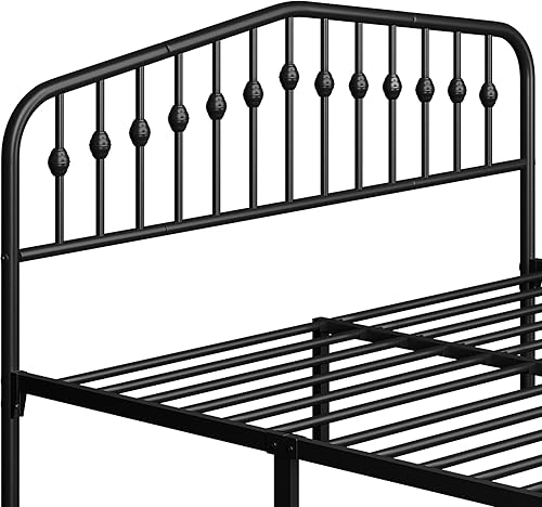 Miniatura 8 de Yaheetech Marco de cama de metal tamaño King con cabecera de estilo victoriano, estribo, fácil montaje, no necesita somier, color negro
