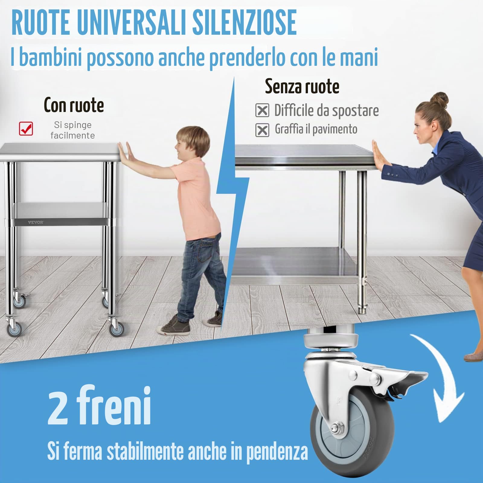 VEVOR Tavolo da Lavoro in Acciaio Inox con Ruote 61x61x91,4 cm, Tavolo di Preparazione 2 Ripiani Portata max. 272,4 kg, per Cucina Commerciale Altezza Ripiani Regolabile per Ristorante Bar