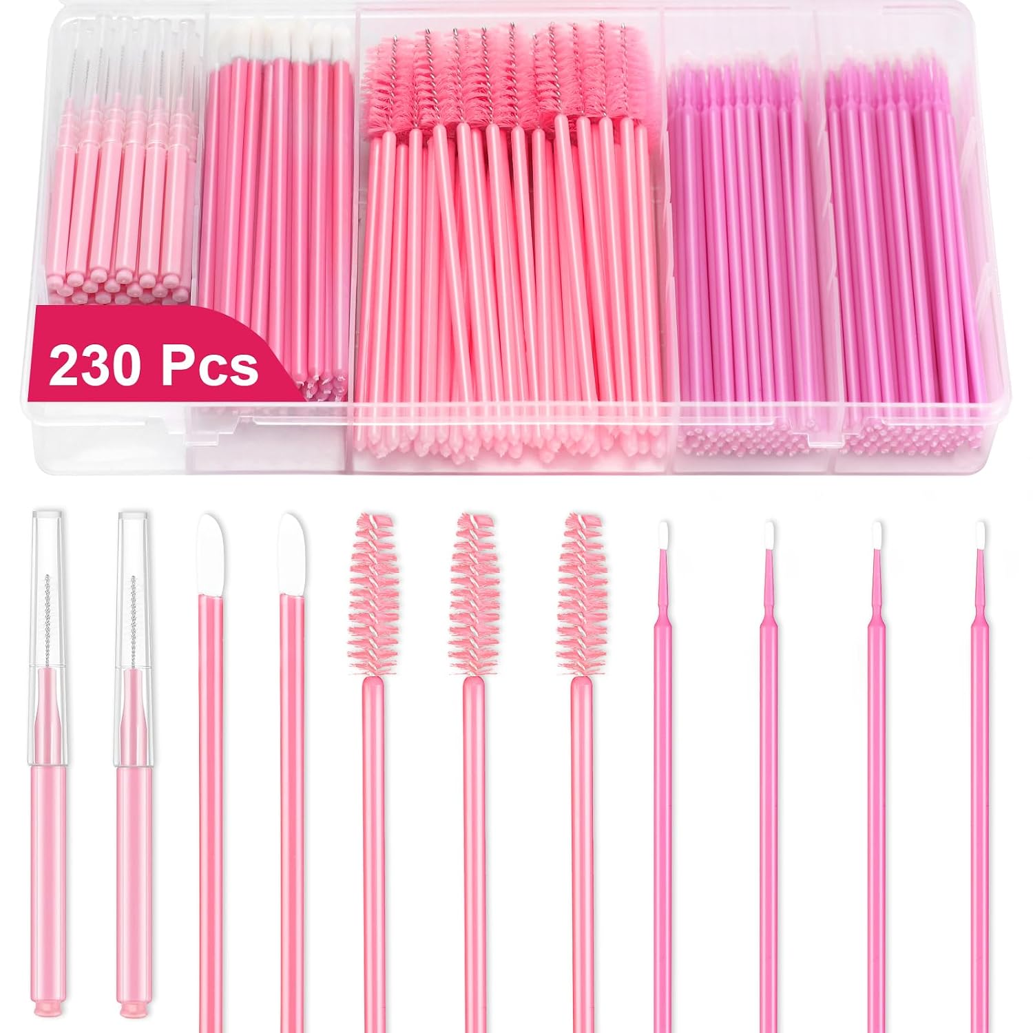 DLUGOPIS 230 Pcs Pink Brow Lamination Supplies with Plastic Box Micro Eyebrow Lash Spoolies Set Disposable Lip Applicators Eyebrow Spoolies Brush Micro Swabs Interdental Brushes for DIY Eyelash Extensions