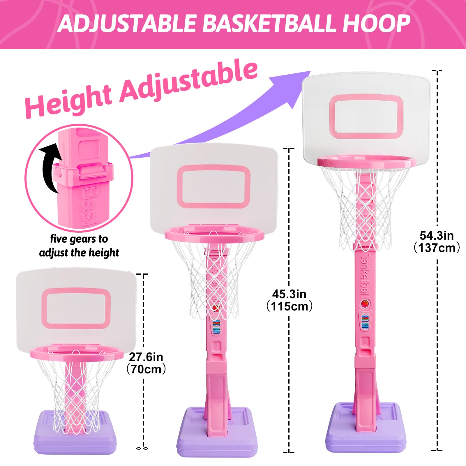 Cesto de baloncesto para niños, juguete interior y exterior a partir de 2 3 4 años, cesto de baloncesto ajustable en altura 70-137cm con pelotas de baloncesto y bomba, juguete para niños, regalo para