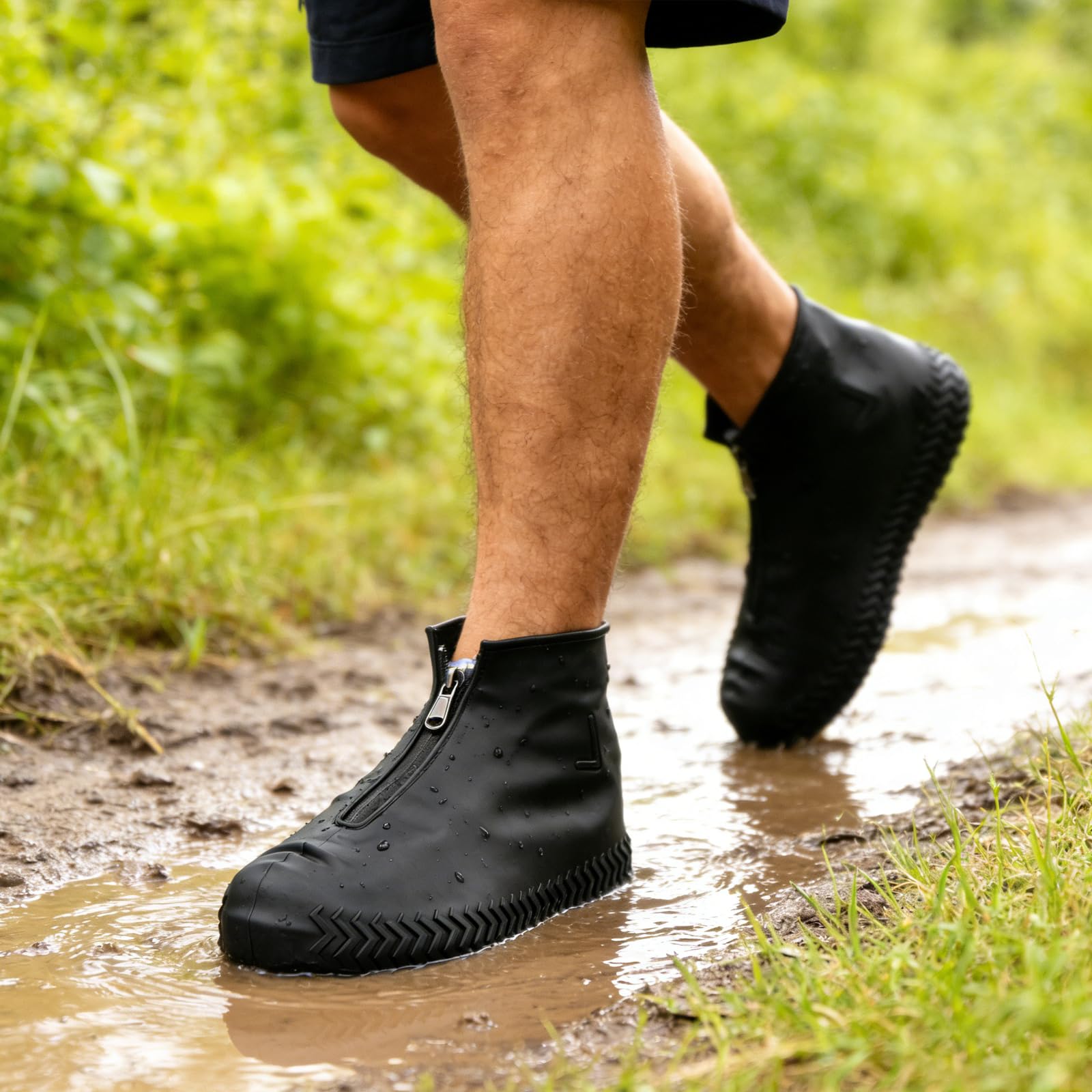 Ahigh Schuhüberzieher Wasserdichte, 2 Paar mit Reißverschluss, Rutschfeste Silikon-Überschuhe für Damen und Herren, Faltbar Tragbar für Outdoor, Alltag, Arbeit