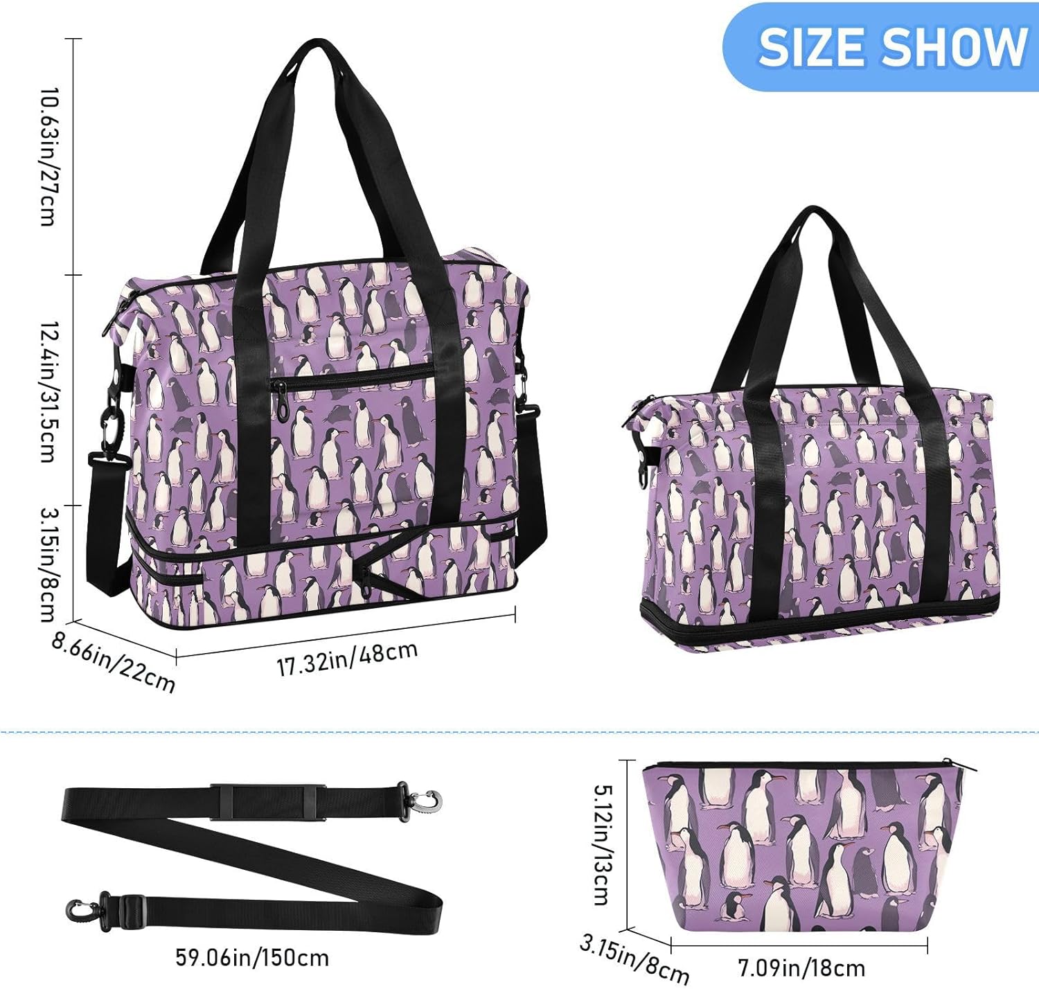 Purple Penguins Sports Gym Bag with Waterproof Dry Wet Pocket, Travel Duffel Bag for Women Men，Workout Bag Fits Yoga, Swimming