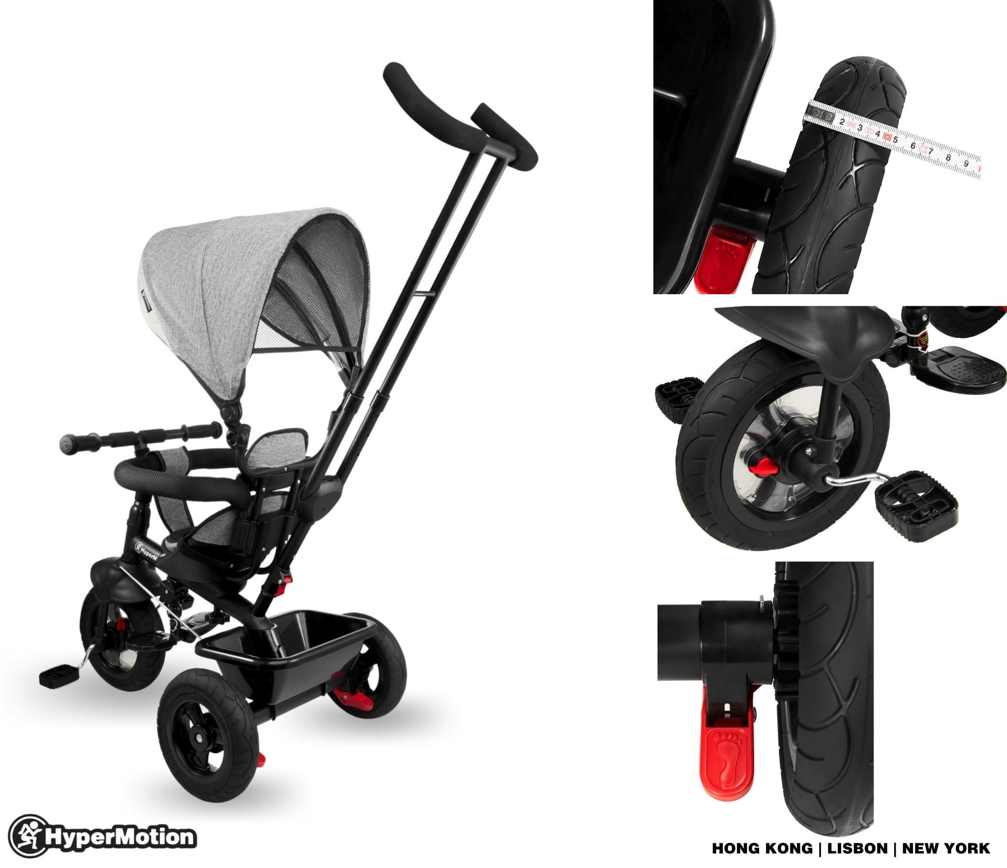 HyperMotion Triciclo Infantil con Manillar para Padres - Bici Bebé 1 Año Evolutiva hasta 20kg - Modelo Similar Kinderkraft con Barra de Empuje - Saltador Bebe Gris