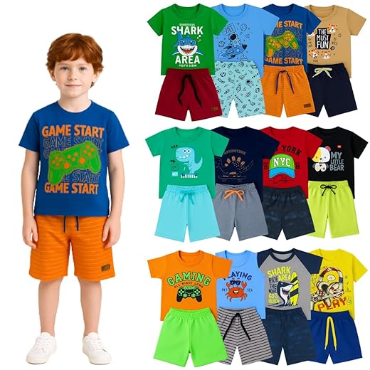 Kit 10 Peças Roupas Infantil Menino – Conjuntos de Verão com Camisetas e Bermudas, Leves e Confortáveis, Moda Infantil para Brincar e Passear 1 A 8 Anos