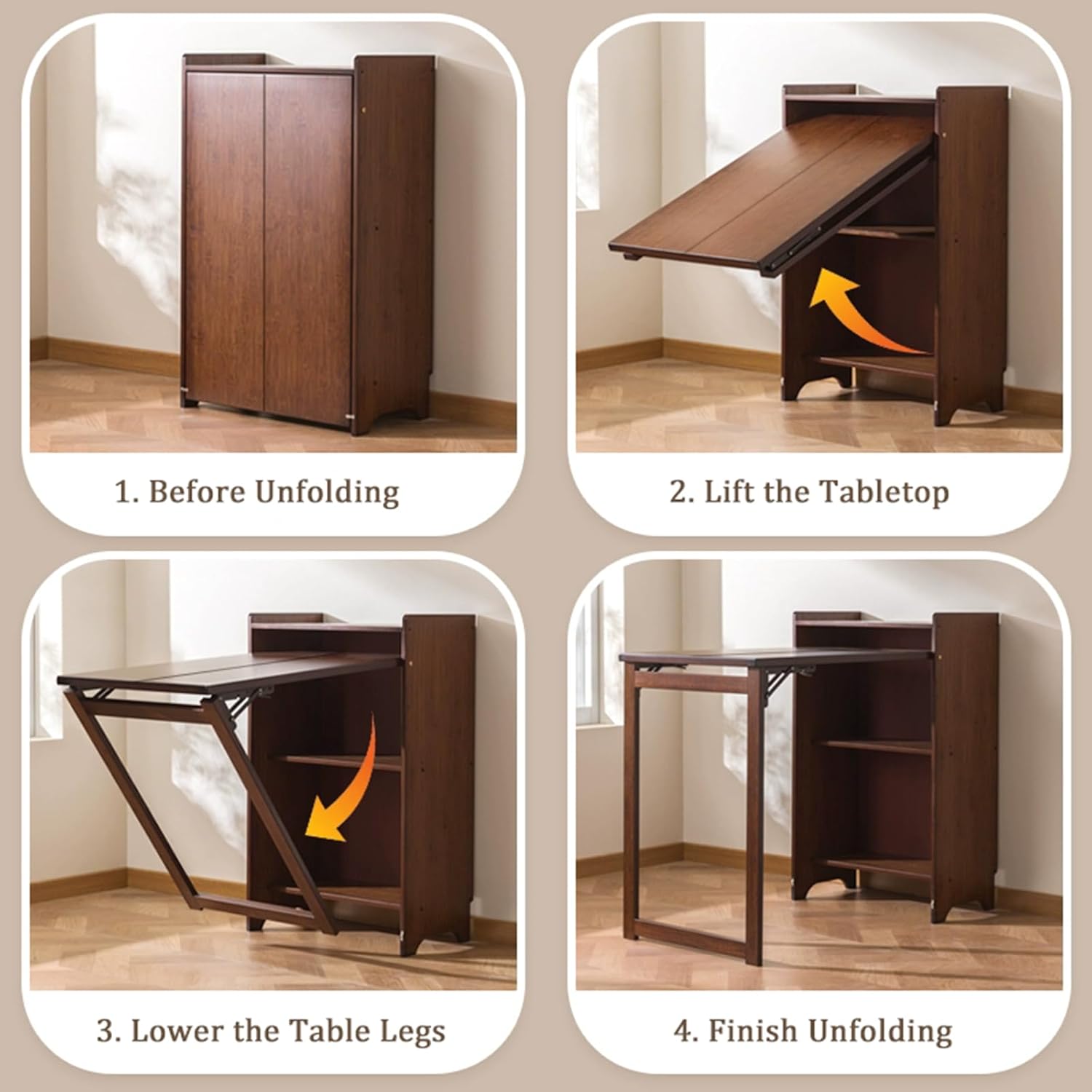 Bamboo Folding Desk with Bookshelf, Fold-Out Convertible Writing Table, Home Office Desk Storage Cabinet, Vanity Table Compact Computer Workstation for Bedroom Living Room Kitchen Office