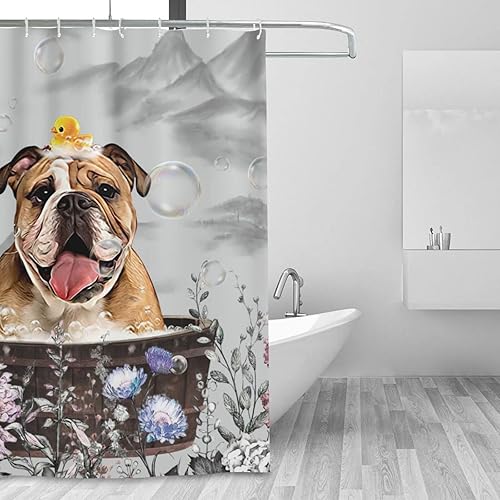 Miniatura 5 de jamie world Cortina de ducha de granja en blanco y negro, divertida cortina de ducha floral de bulldog para baño, cortina de ducha de animales, tela