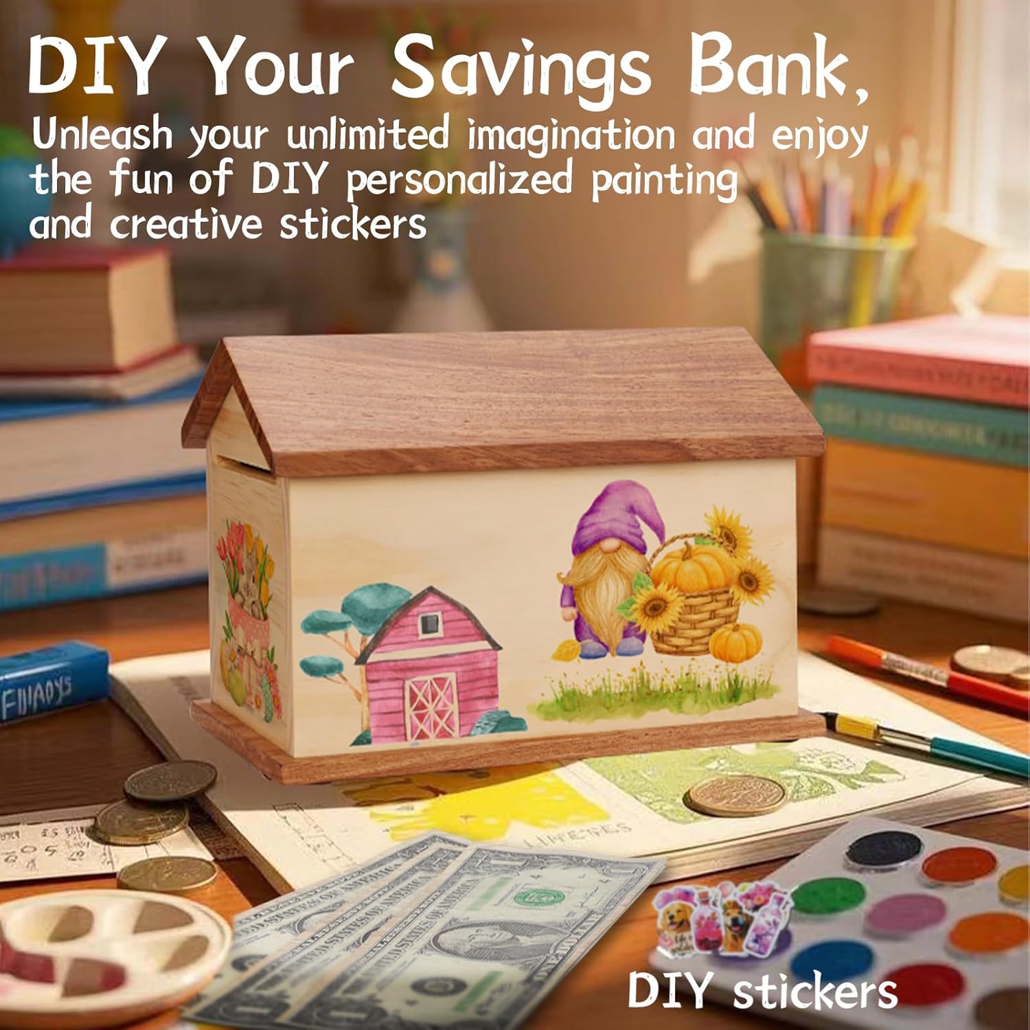 Personalized Wooden Money Bank,Savings Challenge Box,DIY Painting and Sticker Ideas,Unbreakable Wooden Piggy Bank for Kids,Lockable Reusable Log Cabin Piggy Bank，Birthday,Valentines Day Gifts