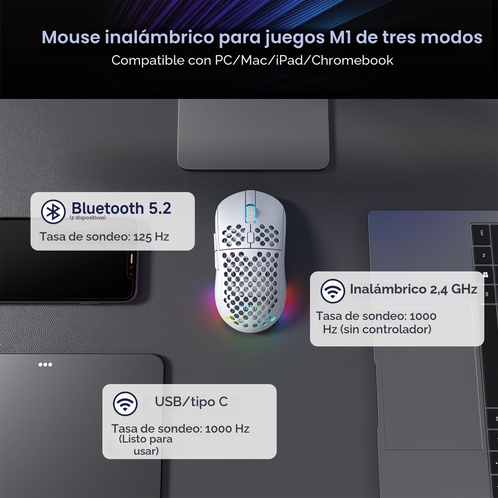 Dierya x TMKB M1 Ratón de Juego Inalámbrico, Sensor Óptico 24 000 dpi, Ligero 90g, 6 Botones Programables, Iluminación RGB, Autonomía 180H, 2.4GHz/Bluetooth/USB-C Ratón Gamer, Blanco
