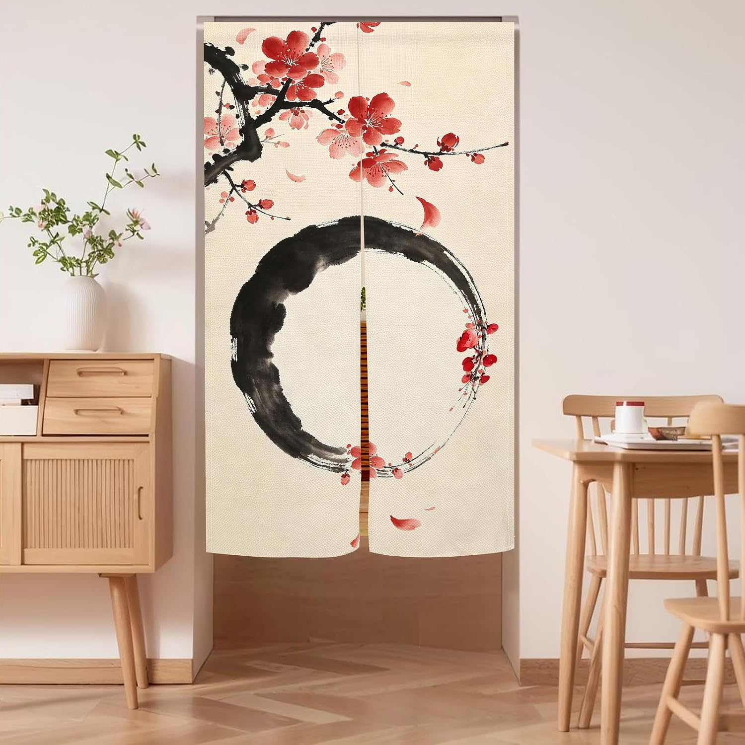Japanese Noren Curtain for Doorway, Chinese Zen Enso Circle, 33.5x59 Inch