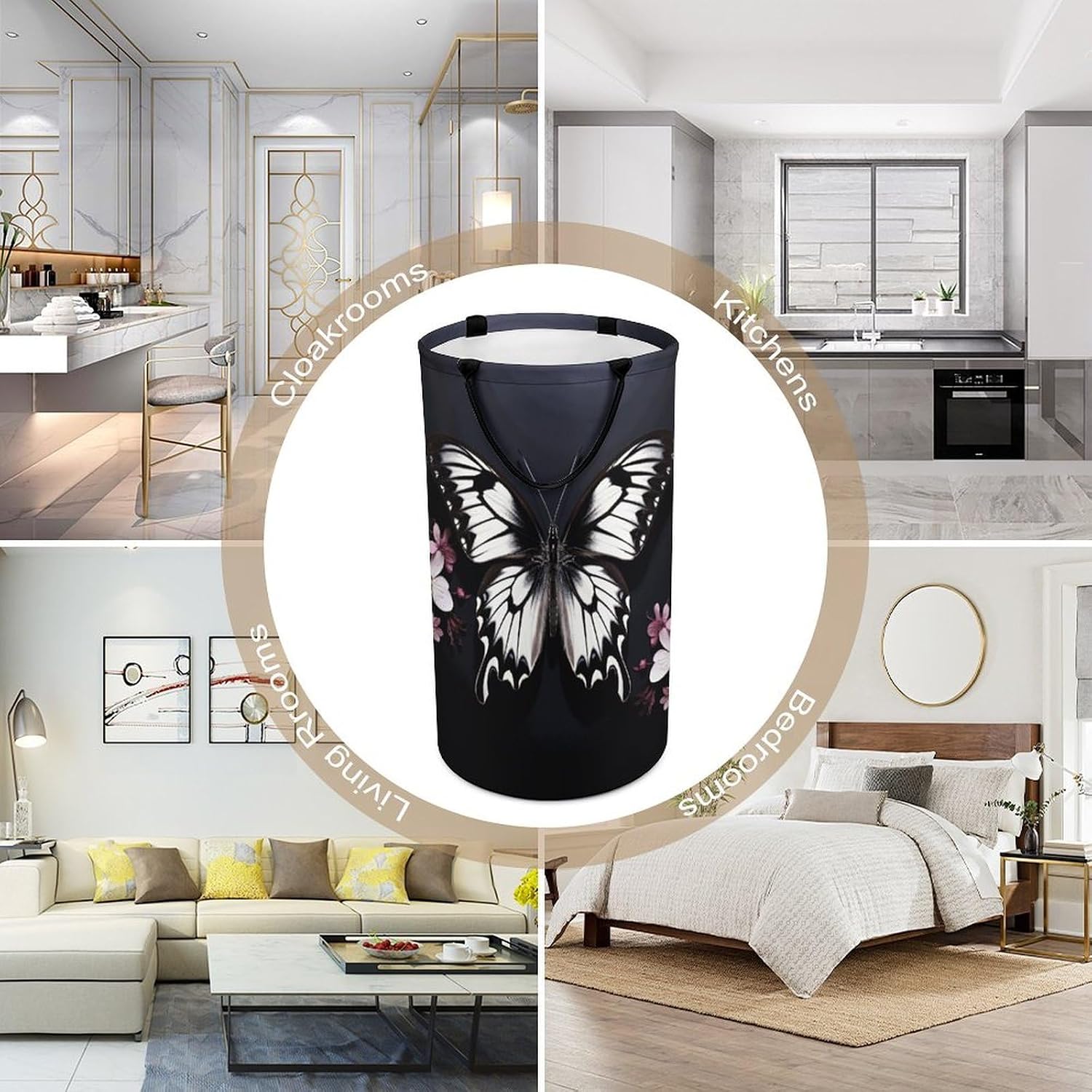 Large Laundry Hamper with Handles Black White Butterfly Laundry Basket Freestanding Waterproof Clothes Hamper for Living Room Bedroom Bathroom College Dorm