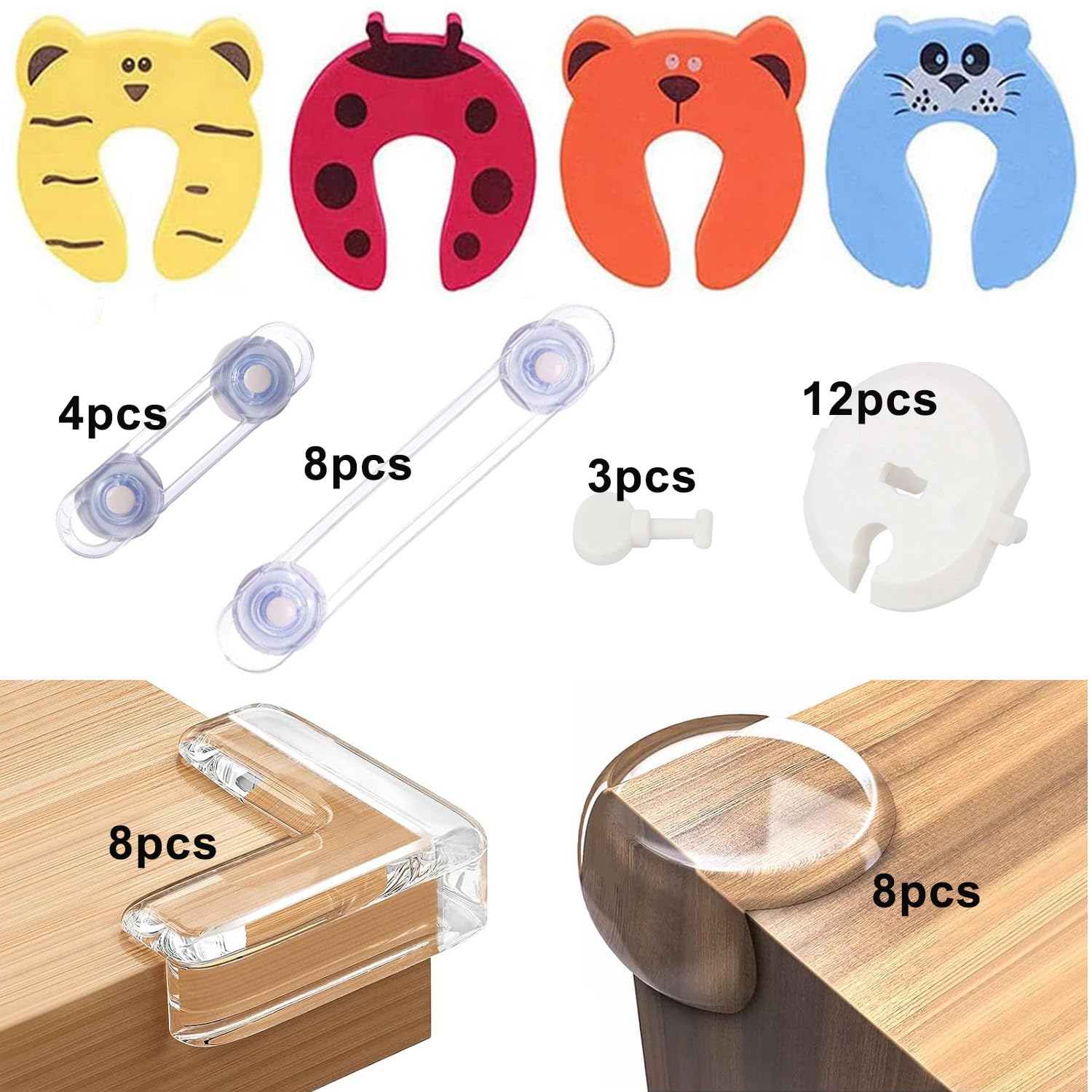 Kit de Seguridad para Bebés, 12 Cerraduras de Seguridad Niños+16 Protectores Esquinas Bebes+ 12 Cubiertas para enchufes+4 Protectores Puertas Bebe