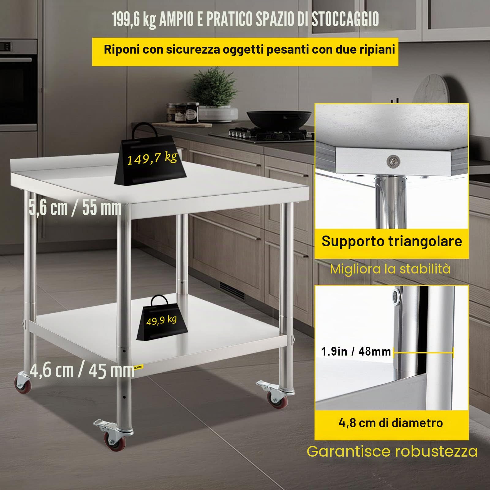 VEVOR Tavolo da Lavoro per Cucina di Preparazione Alimenti in Acciaio Inox 4 Ruote Alzatina 5cm, Piano da Lavoro Ripiano Doppio 91,4x61x89cm con Ruote e Alzatina Capacità Carico 200kg, metallico