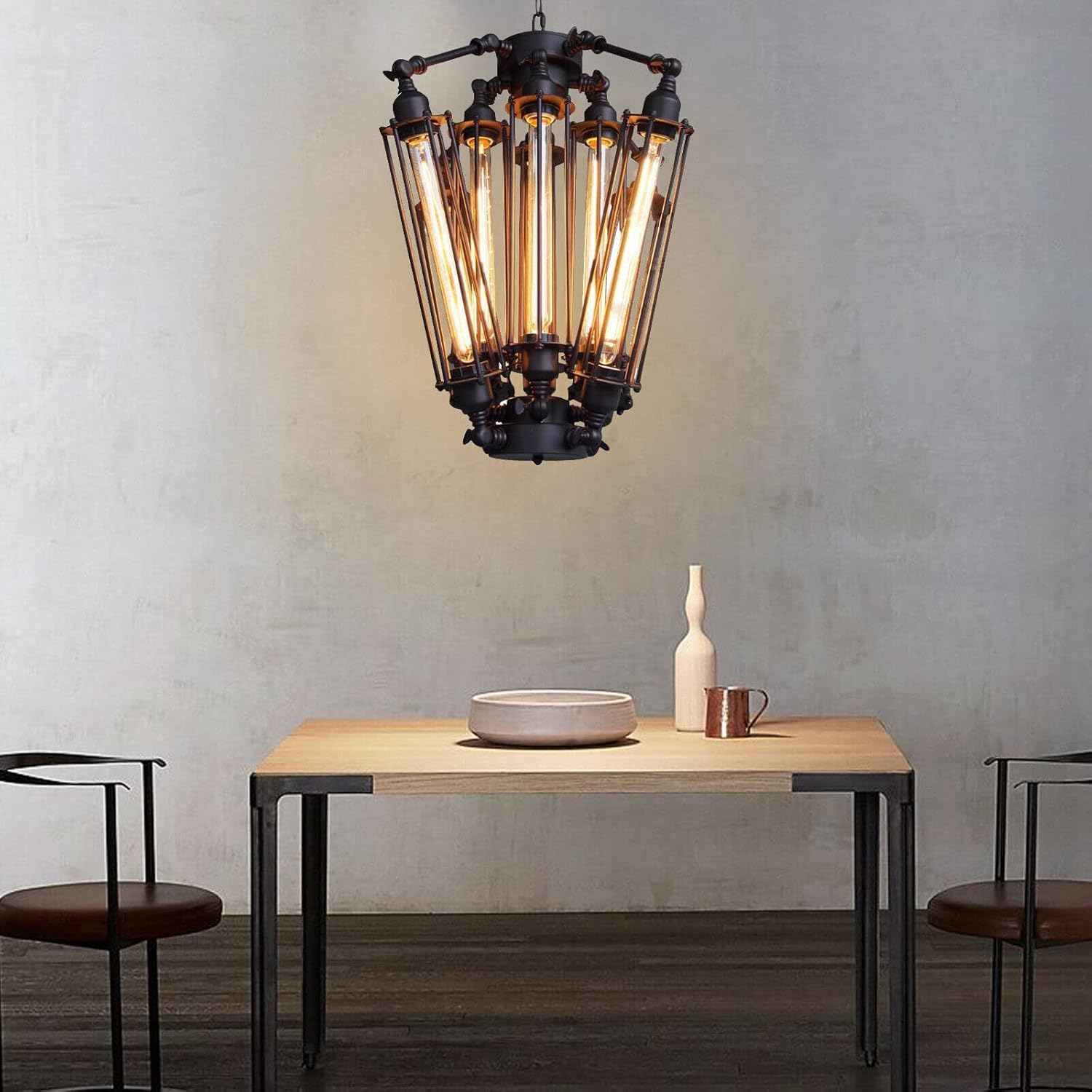 8-Lights Retro Chandelier, Industrial Metal Pendant Lamp Steampunk Pendant Hanging Lamp Geometric Structure Ceiling Lamp for Kitchen Island Foyer Hallway Living Room Bar