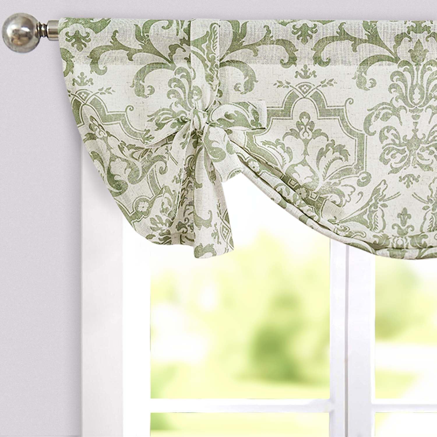 jinchan Linen Tie Up Valance for Window Flax Floral Drapes Vintage Farmhouse Medallion Window Treatments Light Filtering Curtain for Living Room Laundry Rod Pocket 1 Panel 24 Inch Sage Green 42"W x 24"L (Pack of 1) Baroque | Sage Green on Flax