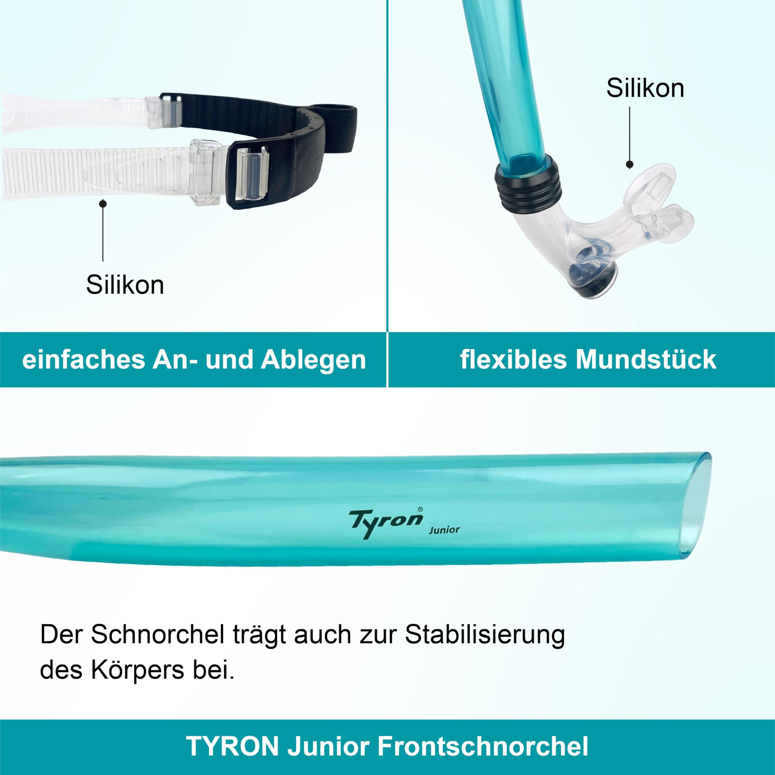 Tyron Frontschnorchel | Für Erwachsene & Kinder | Schwimm- und Techniktraining | Schwimmen & Schnorcheln | Mundstück und Riemen aus weichem Silikon