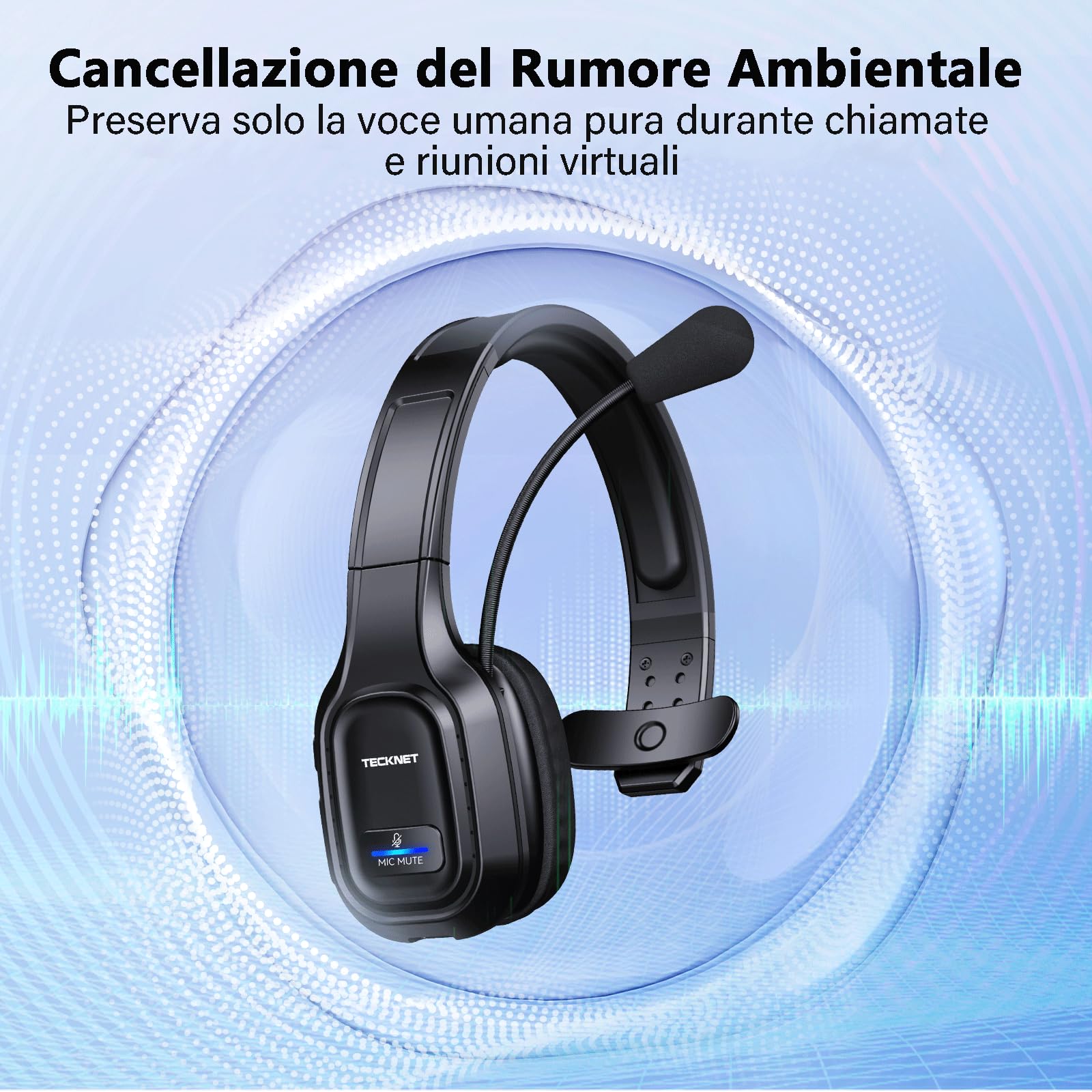 TECKNET Cuffie Bluetooth Senza Fili con Micro, Riduzione del Rumore Cuffie Audio 32-36 Ore di Autonomia per PC Portatile Computer/Call Center/Telefoni/Skype/Ufficio/Zoom/Camion Driver