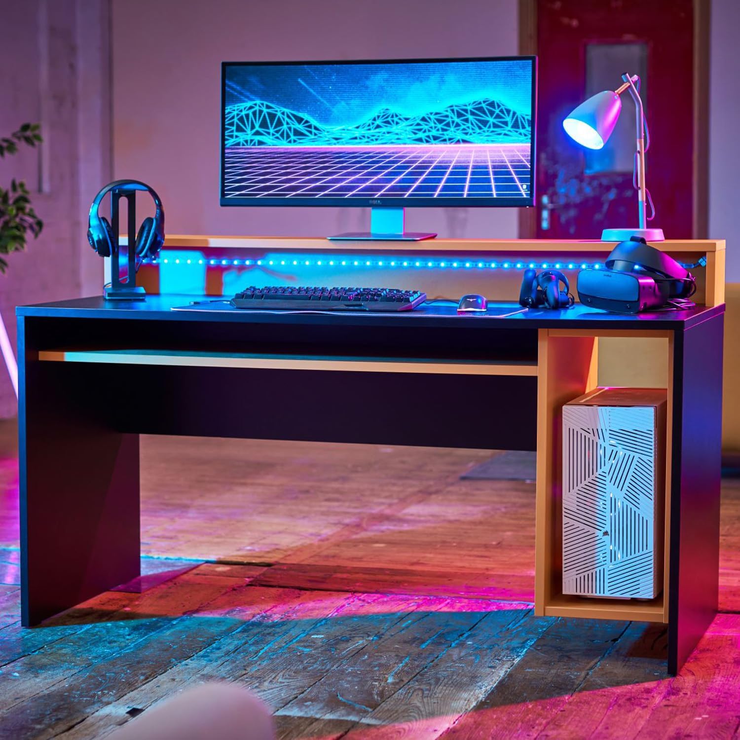 RestRelax - Avatar LED Gaming Desk, 160CM x 94CM x 70CM, Perfect for PC Gaming or Home Office, Black with Orange Tint