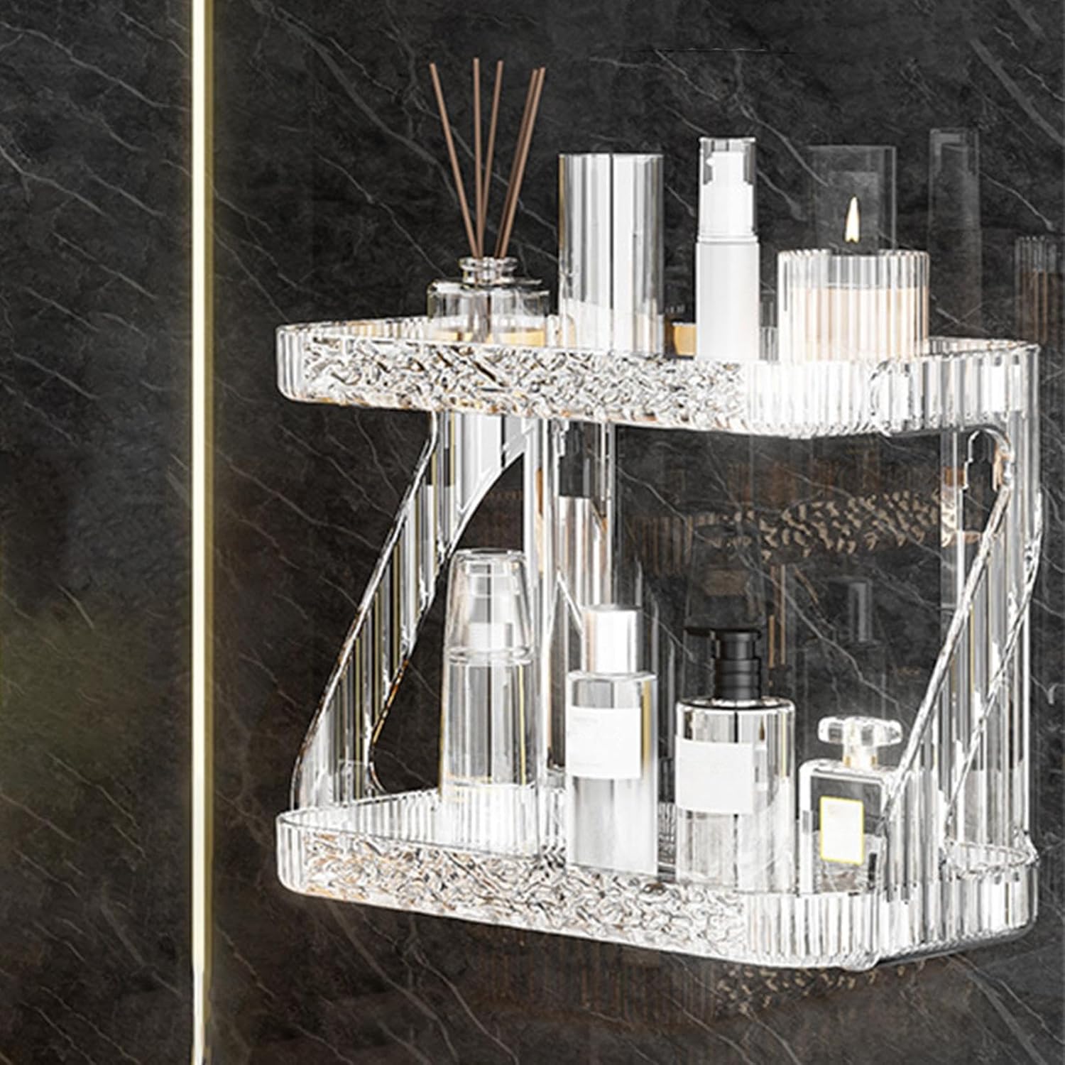 Adhesive Acrylic Shelves Bathroom Shelves No Drill Acrylic Shower Caddy 2-Layer Waterproof Ventilated Wall Makeup Organizer Makeup Shelf