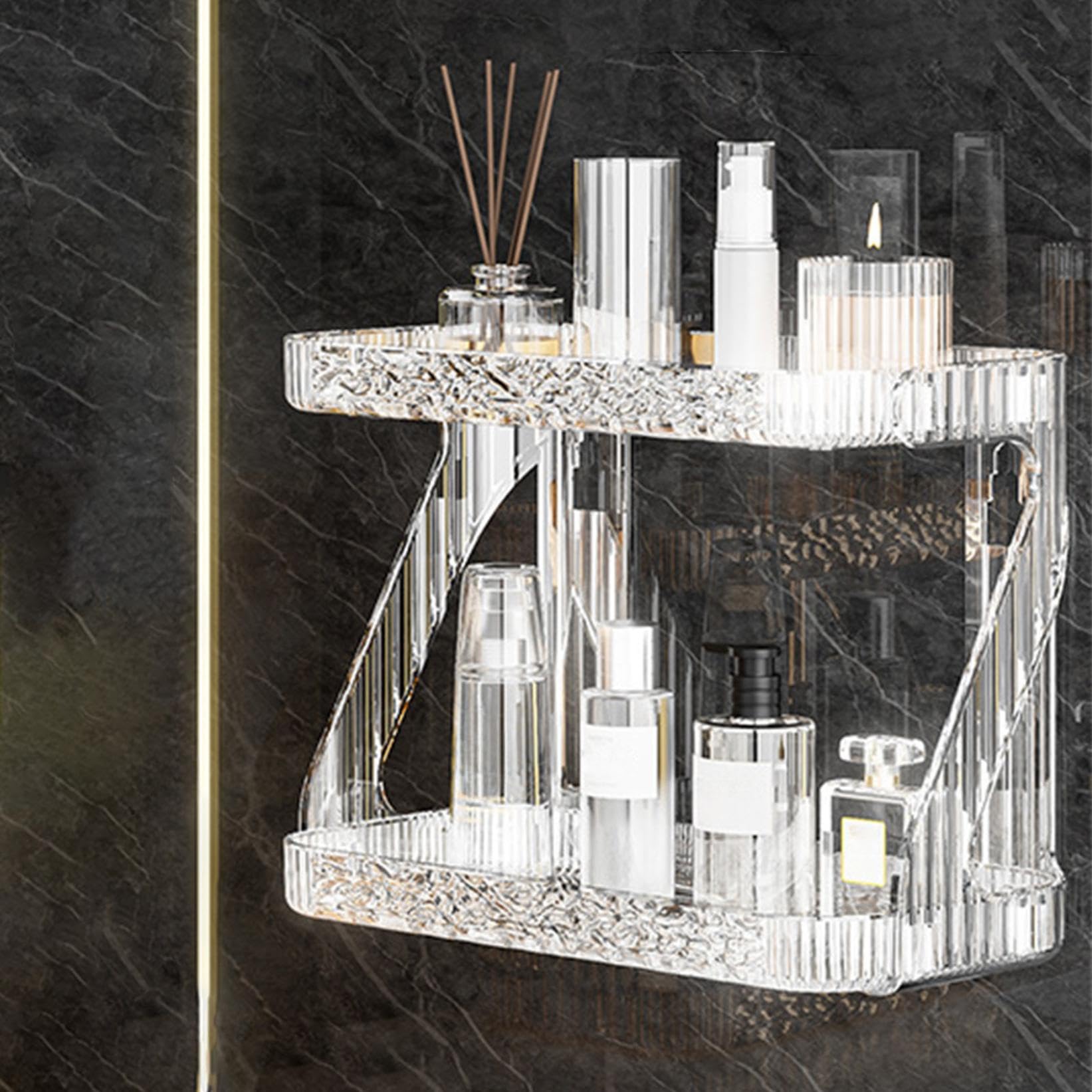 Adhesive Acrylic Shelves Bathroom Shelves No Drill Acrylic Shower Caddy 2-Layer Waterproof Ventilated Wall Makeup Organizer Makeup Shelf
