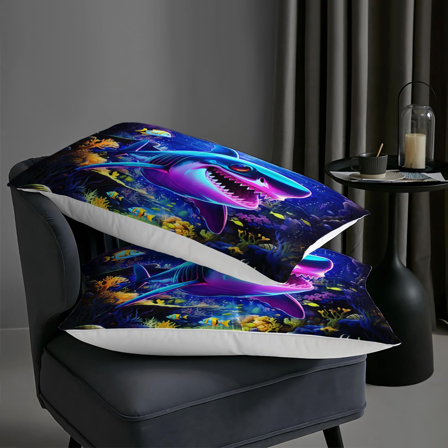 AILONEN Cartoon Shark Comforter Set Queen Size, Shark with Coral Bed in a Bag for Kids Girls,Marine Life Bedding Set,Ocean World Duvet Set,3 PCS,1 Quilt and 2 Pillowcases