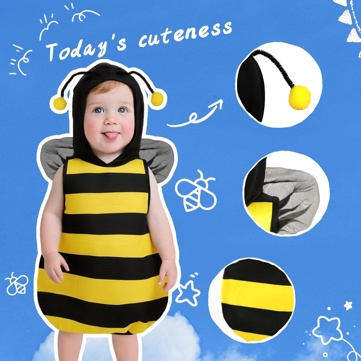 Baby Unisex Plush Animal Outfit Toddlers and Kids Bee Sleeveless Hooded Dress - Image 3