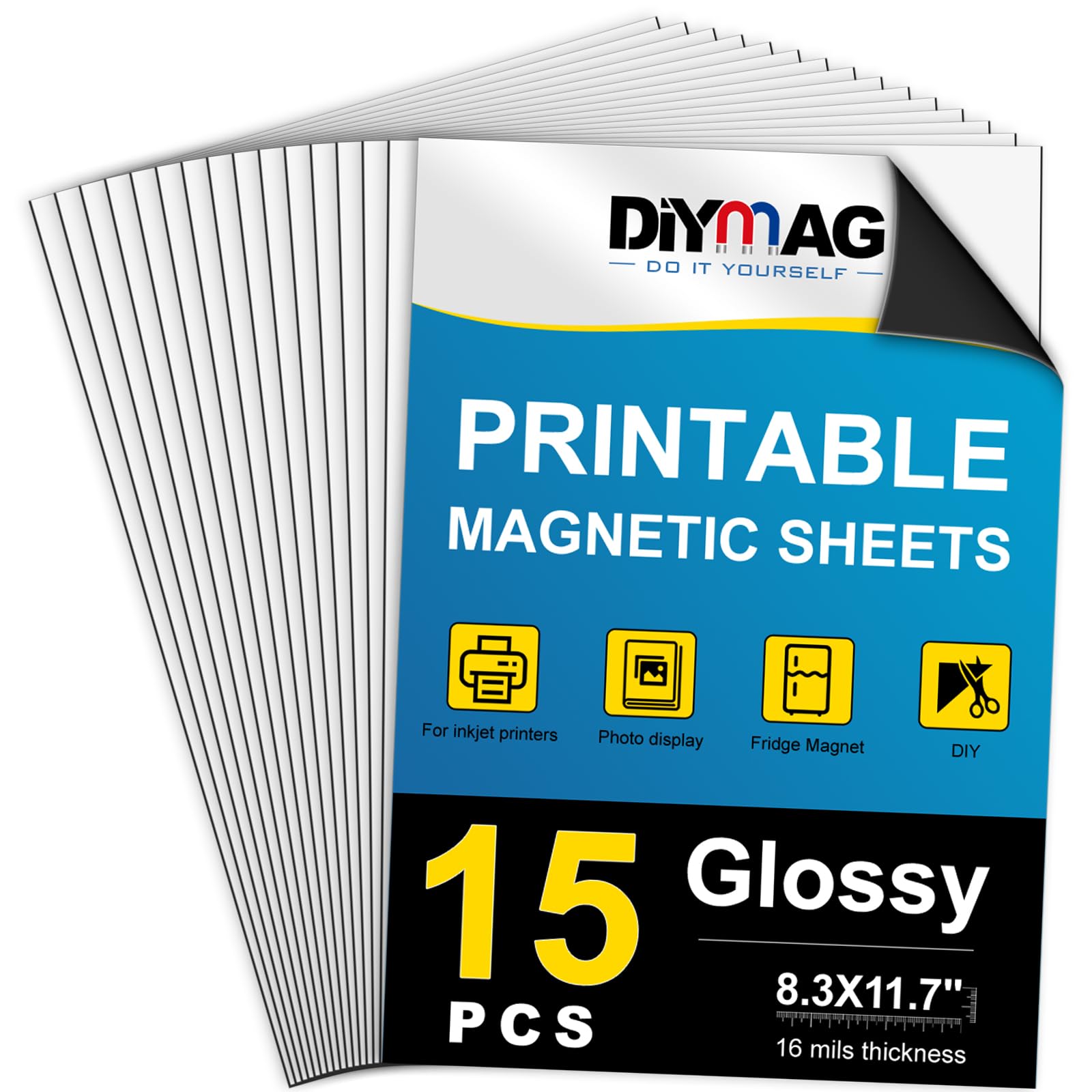 DIYMAG Printable Magnetic Sheets, Glossy 15P 8.3"x11.7" for Inkjet Printer