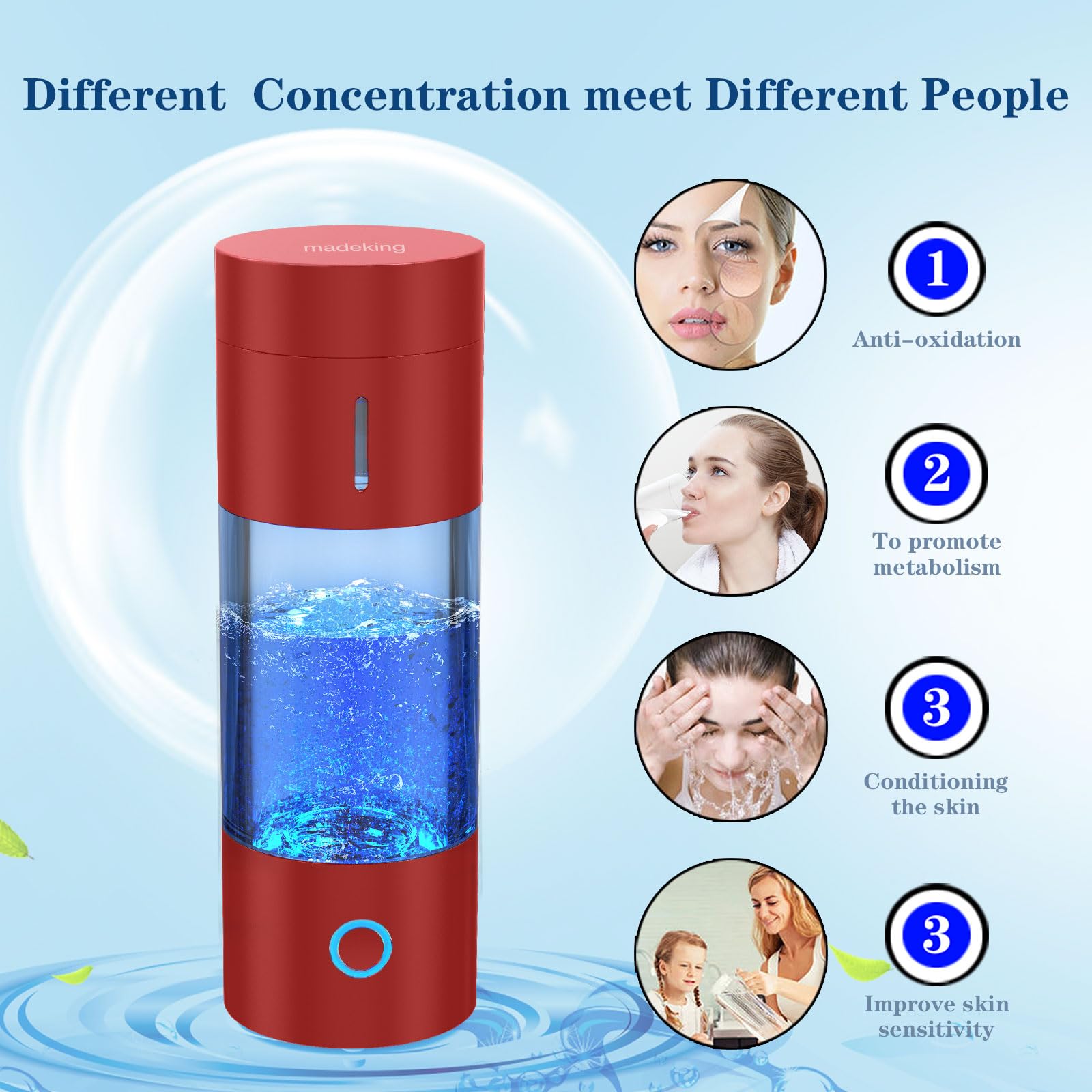 Wasserstoff-Wasserflaschen-Generator - 5Min Schnell Elektrolyse Wasserstoff Wasser Maschine, Tragbarer, wiederaufladbarer, wasserstoffreicher Wasserbecher-Macher, Typ C (Rot)
