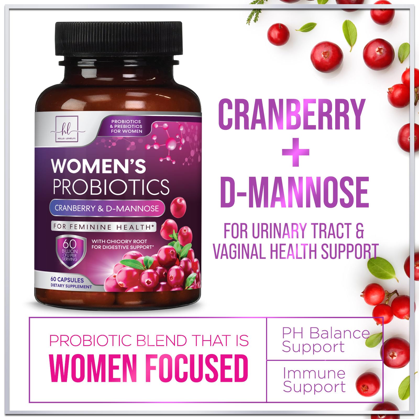 Probiotics for Women 60 Billion CFU, 16 Strains for pH Balance, Vaginal & Digestive Support, Womens Probiotic and Prebiotic + Cranberry for Gut, Urinary & Immune Support, Shelf Stable - 60 Capsules