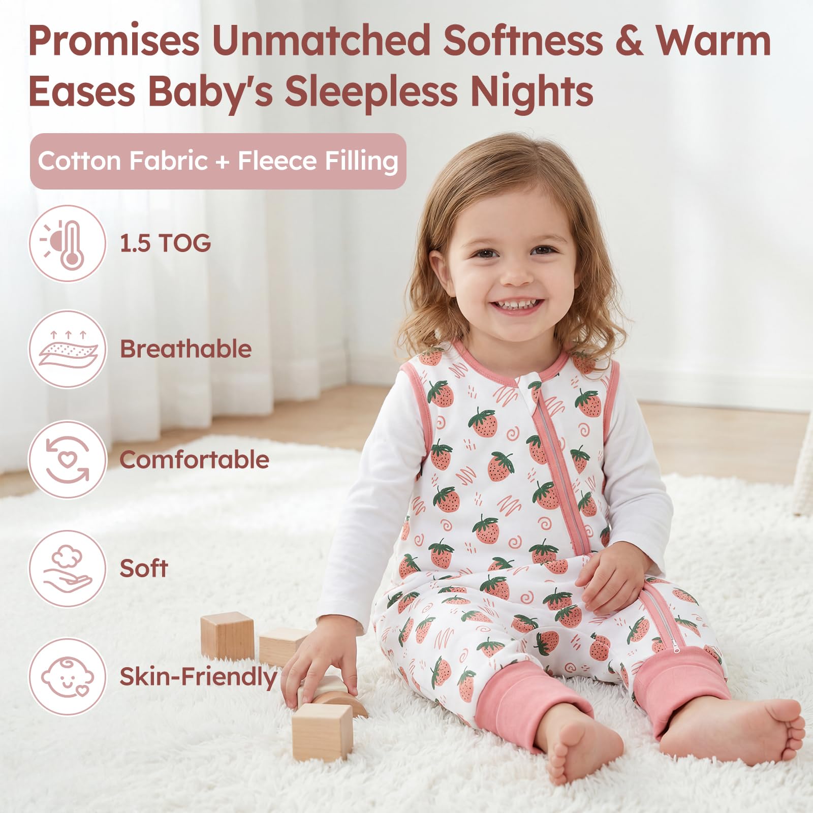 Unnivoll Saco de dormir para bebé 1.5 Tog, 2 unidades, algodón, saco de dormir durante todo el año, saco de dormir con patas de bebé, flexible, 90 cm, para niño y niña