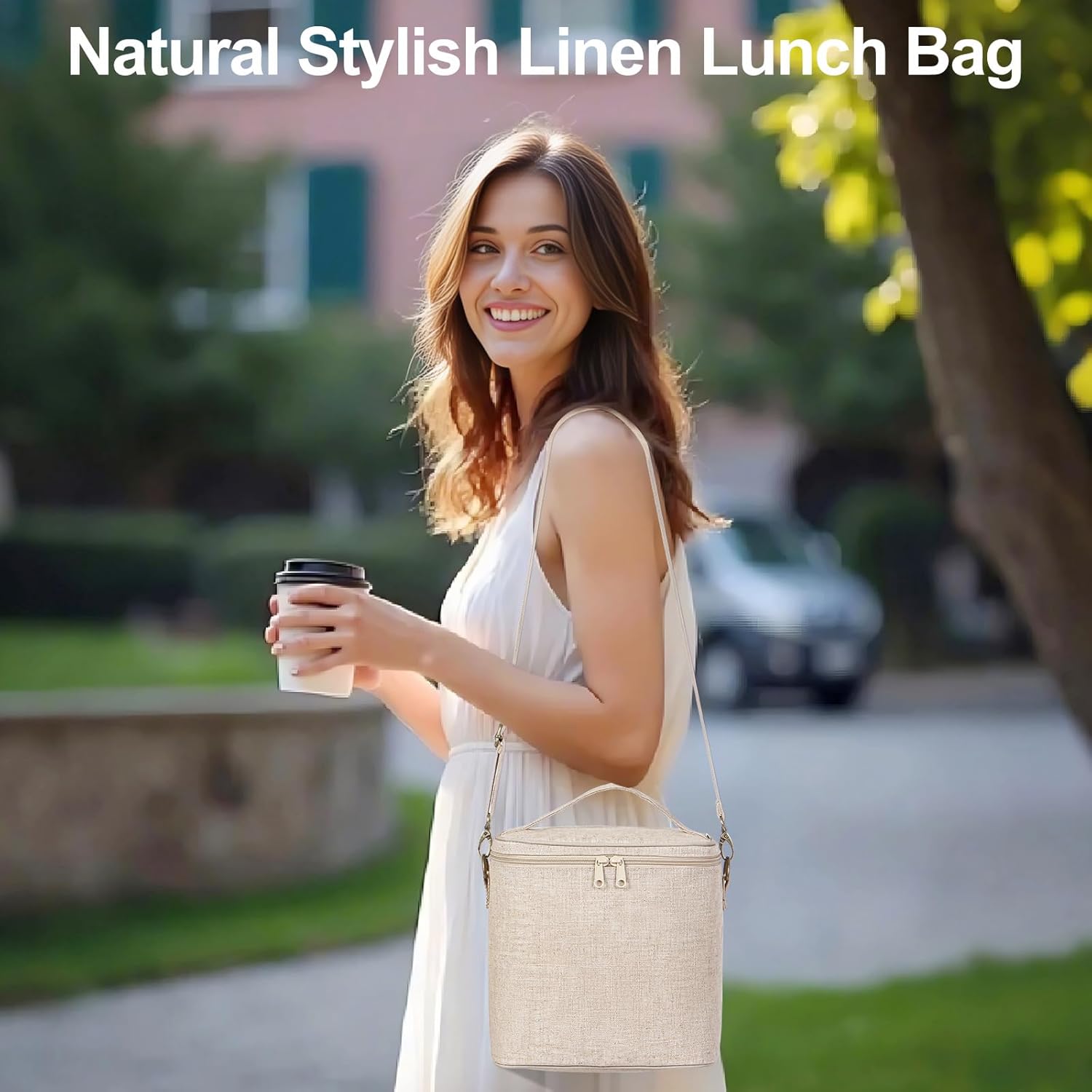 Lunch Bag for Women, Soft Linen Lunch bag with adjustable shoulder strap, Insulated Womens Lunch Bag for Work, Machine Washable Lunch Box with removable liner (Natural Color)