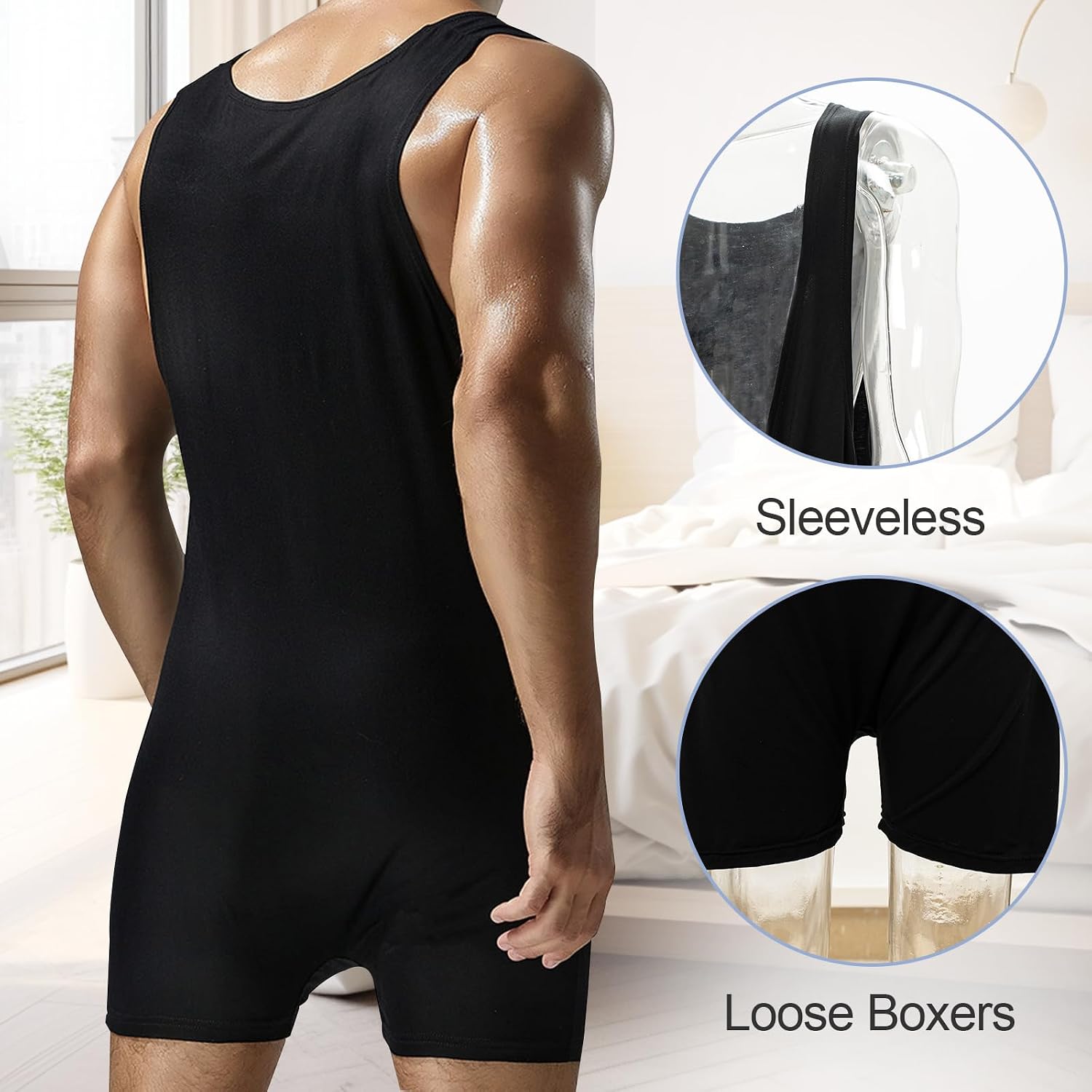 Mens Deep V-neck Nightgown Sleeveless Onesie Bodysuits Sexy One Piece Pajamas Open Front Jumpsuit