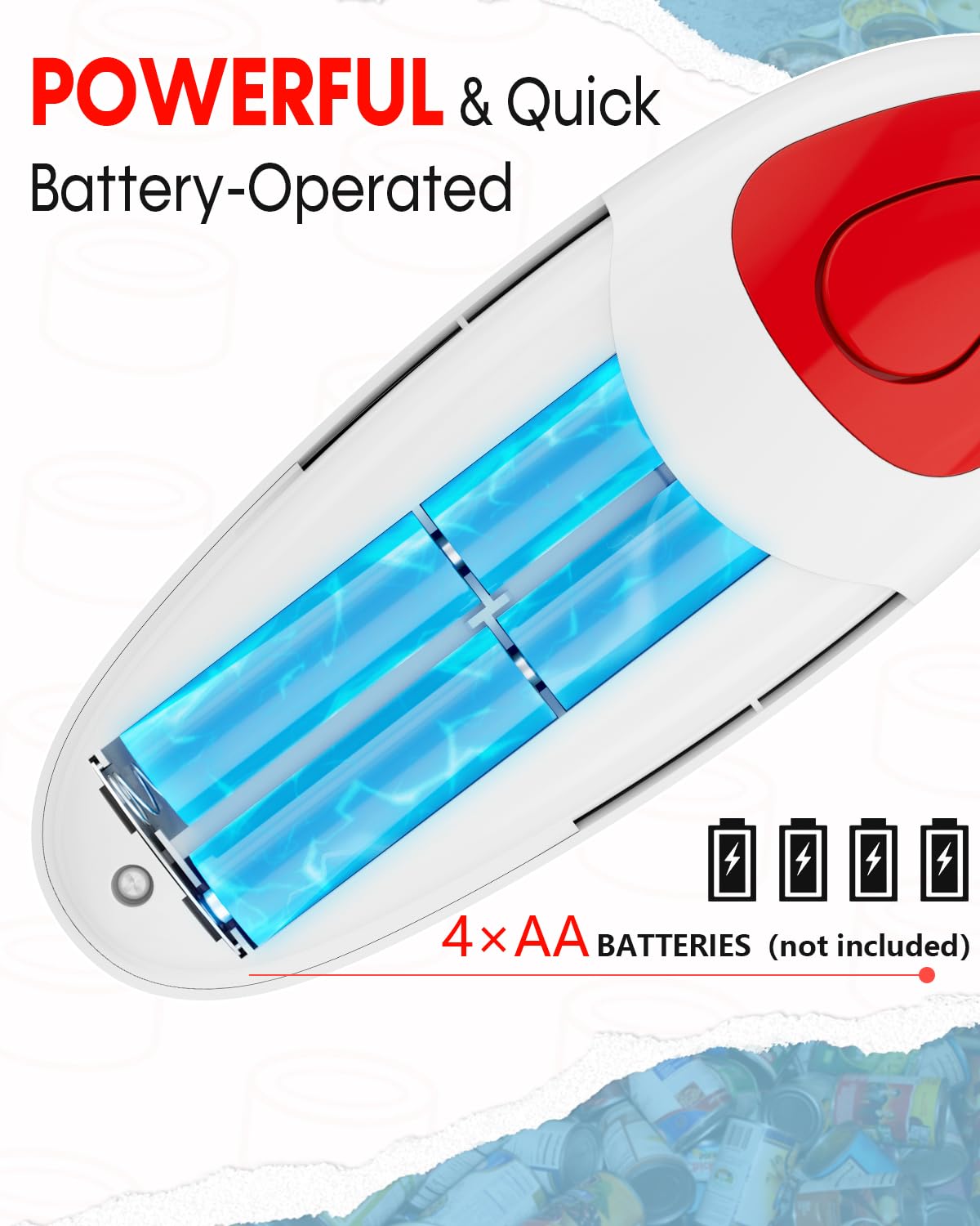 Abrelatas eléctrico para personas mayores, fácil de usar, corte lateral, con motor de potencia, se adapta a todos los tamaños de latas, funciona con pilas, manos libres para cocina (rojo)