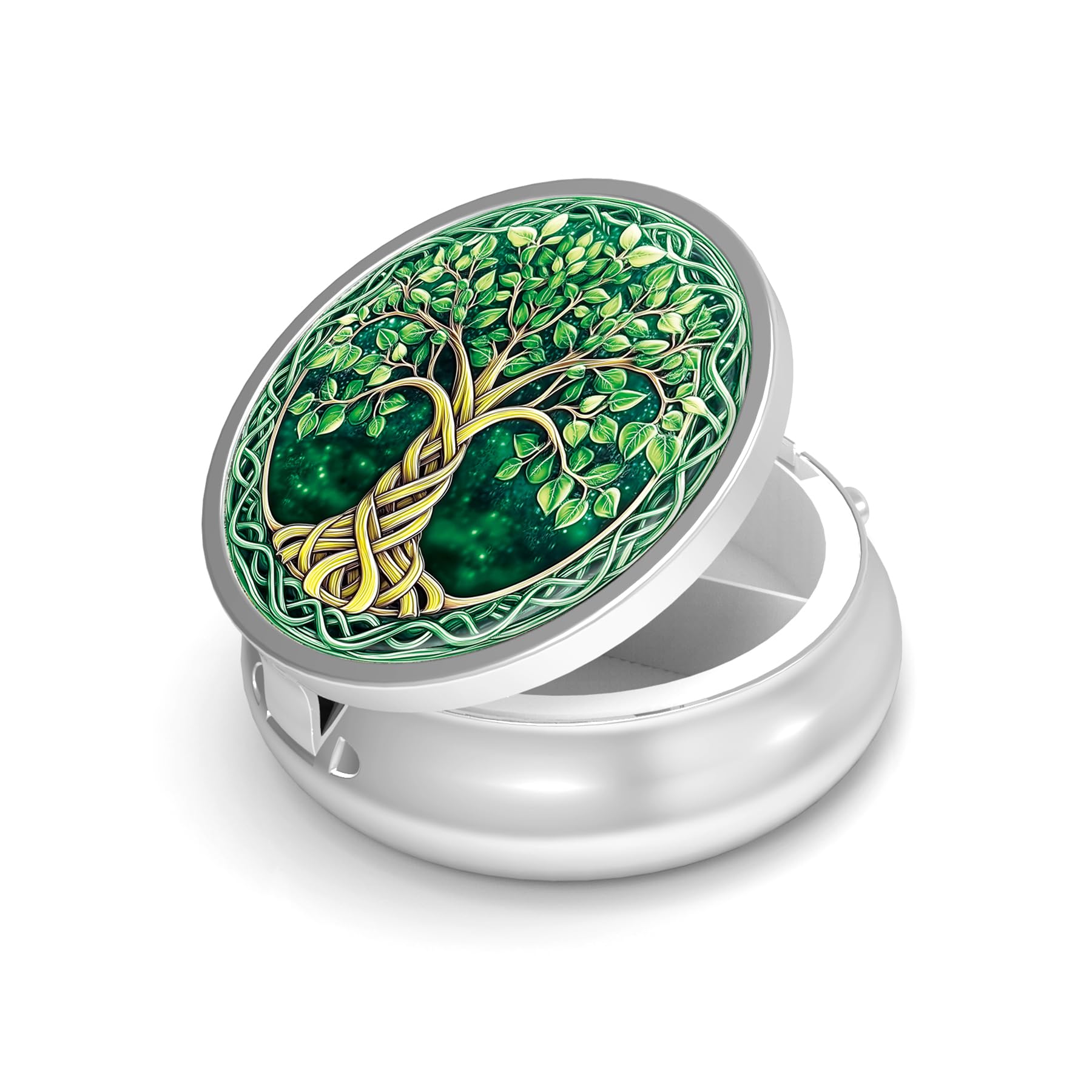 Pill Box-3 Compartment Small Pill Case for Purse & Pocket Mini Metal Pill Holder Travel Pill Container to Hold Supplements Vitamins BPA-Free (Tree of Life)-image-2