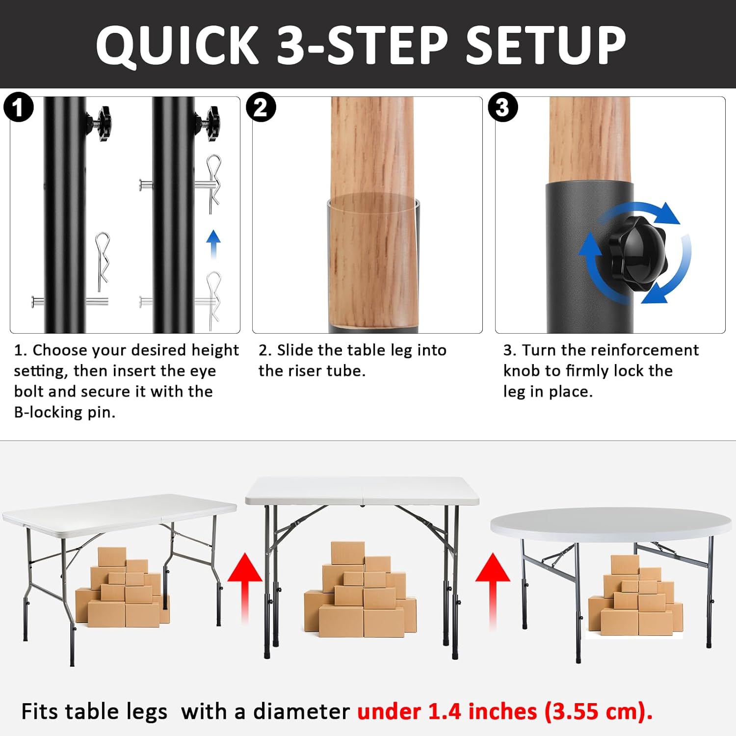 Table Risers Table Leg Extenders 4 Levels/Heights Adjustable Folding Furniture Leg Risers Durable Steel Desk Leg Extensions for Straight and Bent Legs, Raise 3.5in-12.7in, 4Pack