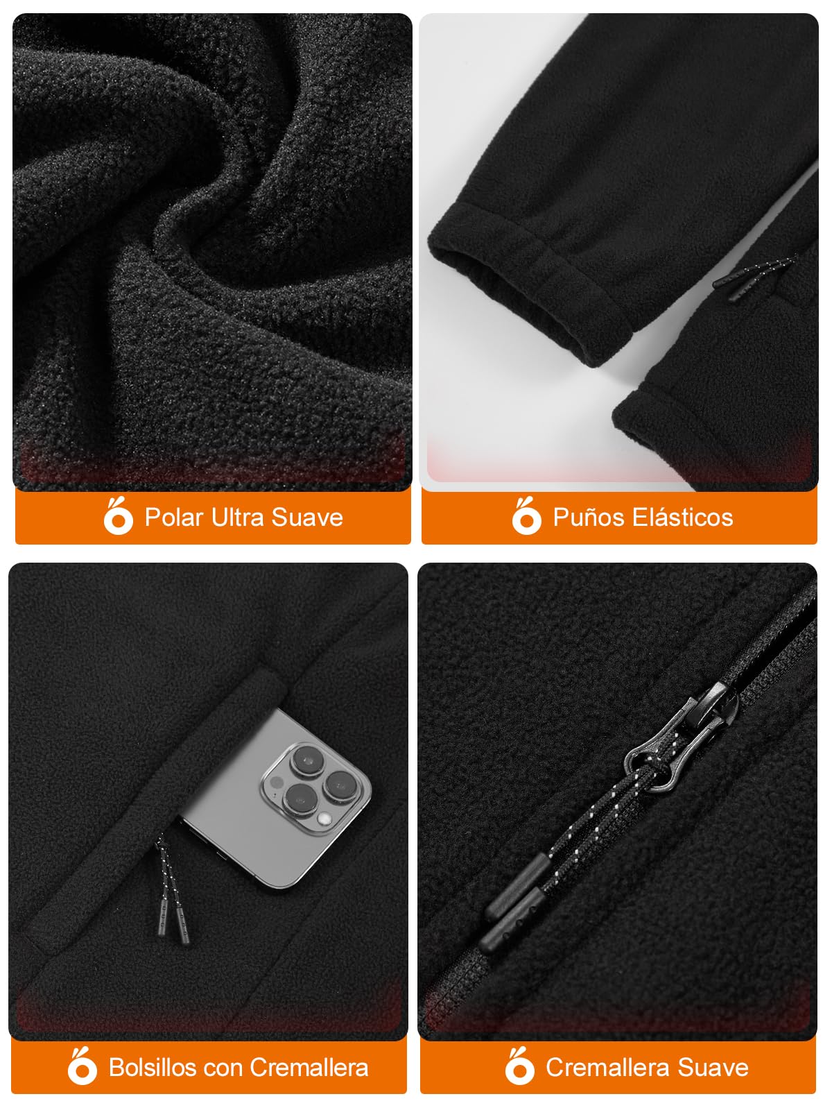 UNBON Chaqueta Calefactable Hombre con Batería USB 10000mAH, Chaqueta con Calefacción Hombre Polar Termica con 3 Temperaturas 6 Zonas de Calor, Abrigo Cazadora Calefactable Para Moto Trabajo Negro S