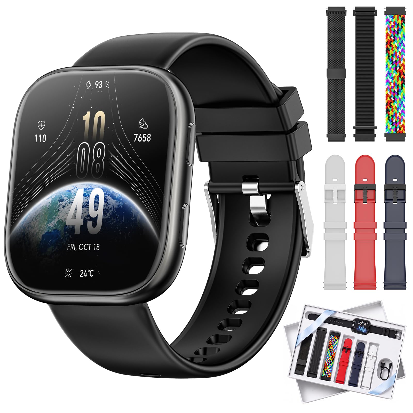 7 Armbänder & Geschenkbox Smartwatch Damen Herren, 1.83" HD Uhr damen mit Bluetooth-Anruf, Fitness Tracker, Pulsmesser, Schlafmonitor, Schrittzähler, IP68 Wasserdicht, 110+ Sportmodi für iOS Android