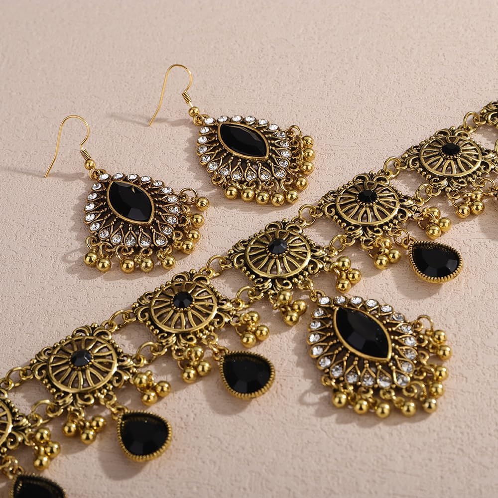 Vintage Indian Rhinestone Dangle Necklace Earrings Set Indian Ethnic Rhinestone Necklaces Boho Rhinestones Dangle Earrings Wedding Party Prom Choker Earrings Set for Women(3pcs - Image 6