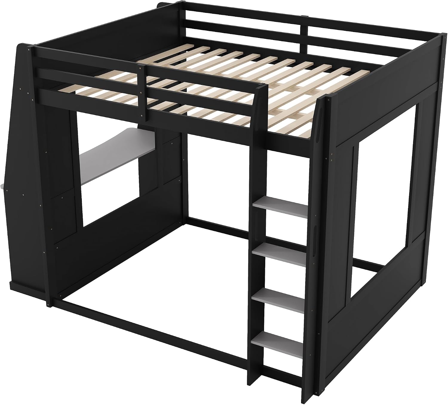Assembly progress of the SOFTSEA Queen Size Gaming Bunk Bed, showing the desk and storage shelves being attached to the main frame.