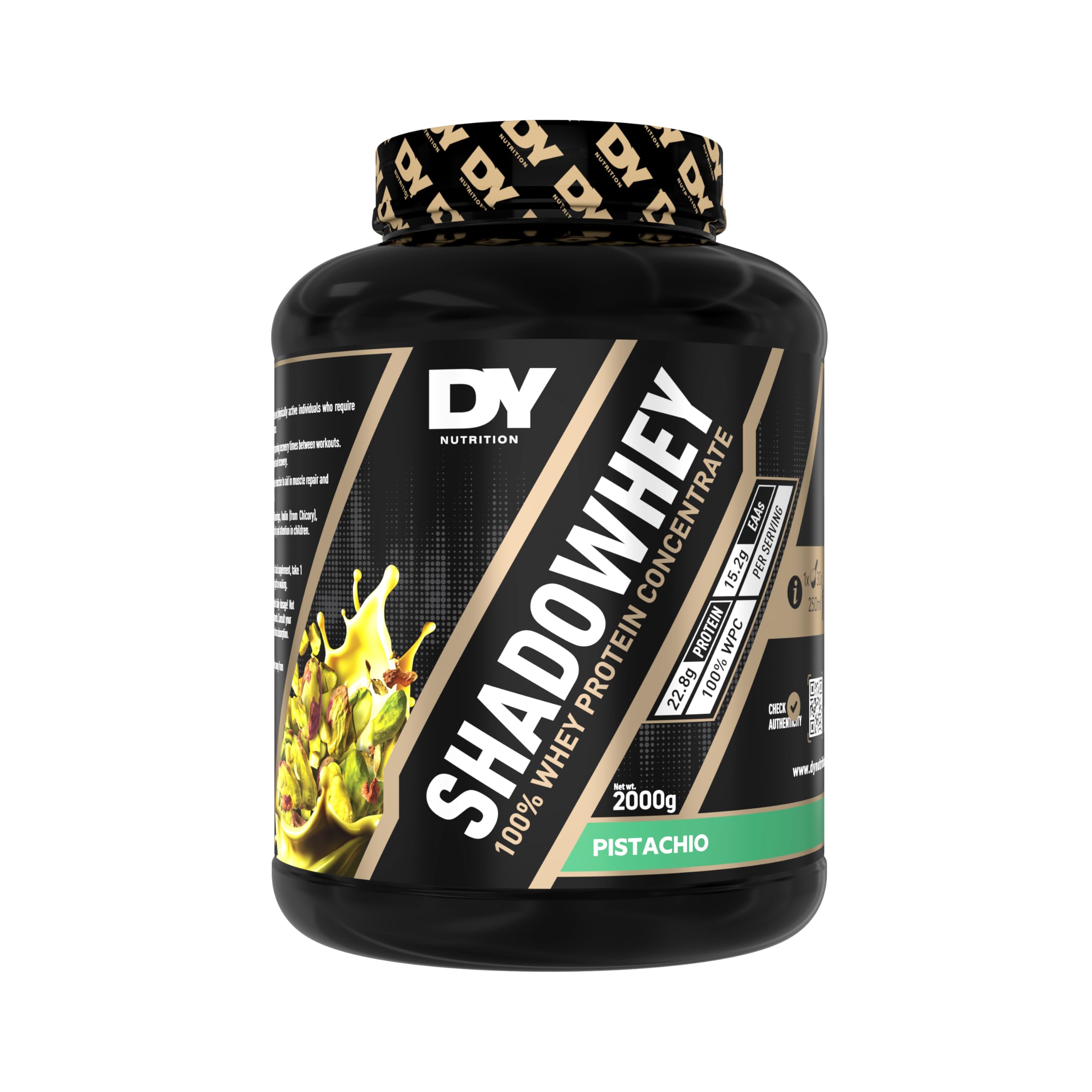 DY Nutrition - Shadowhey Whey Protein Concentrate Powder 2Kg | 23g Protein per Serving | 66 Servings | 7.3g of BCAAs | Sourced from EU Grass-Fed Cows | Premium Easy Mix & Digest Formula (Pistachio)