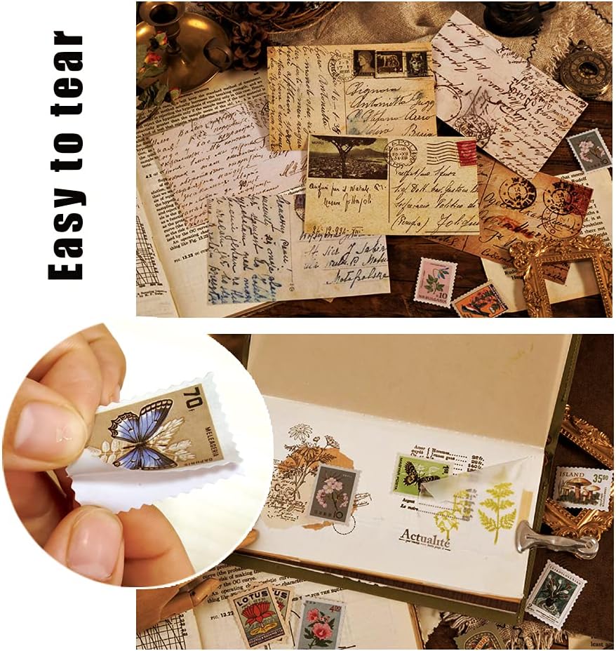 JUYUN 193 Sheets Vintage Postage Stamp Sticker Retro Sealing Plants and Newspaper Journal Scrapbooking Washi Set for Planners Album Travel Diary DIY Craft Stationery