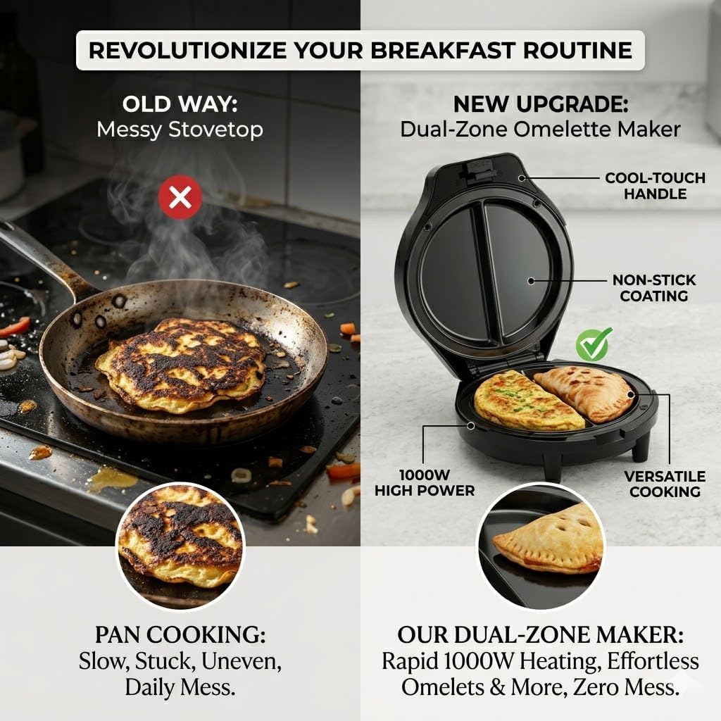 Omelette Maker Electric,Nonstick Omelette Pan, Dual-Zone Omlet Maker Easy To Clean Cooking Gadgets for Home Dorm&Travel