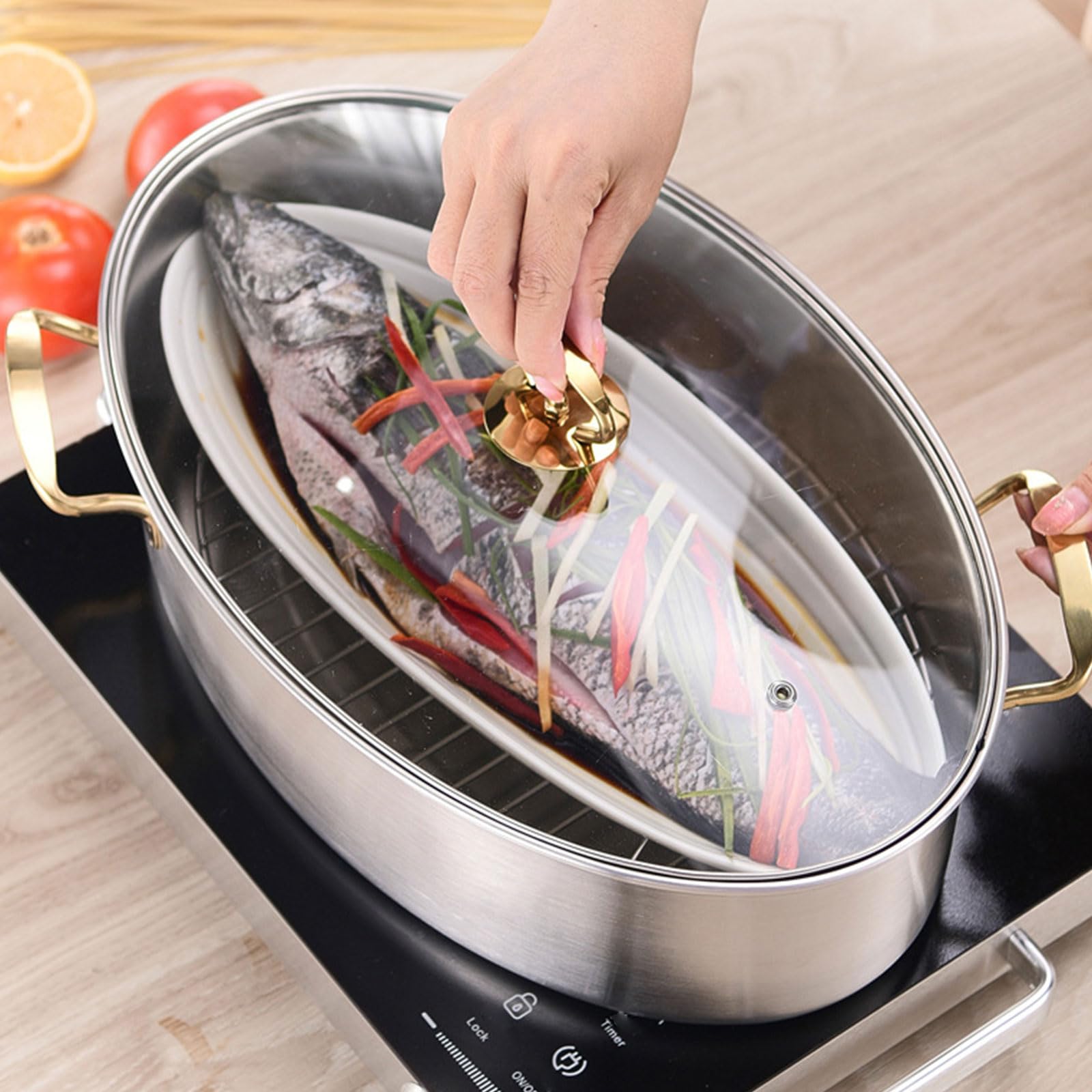 Dampfgartopf aus Edelstahl 304, elliptischer gedämpfter Fischtopf zum Kochen, Mehrzweck-Kochgeschirr mit Deckel für Fisch, Tamale, Knödel, Soße, silberner Griff (Silbergriff)