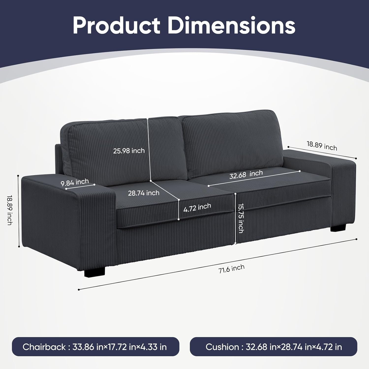 ijuicy 71" Corduroy Loveseat, Upholstered Sofa with Extra Deep Seats, 2 Seater Sofa Couch with Thickened Cushion and Square Armrest，Modern Love seat for Living Room,Small Spaces-Dark Grey