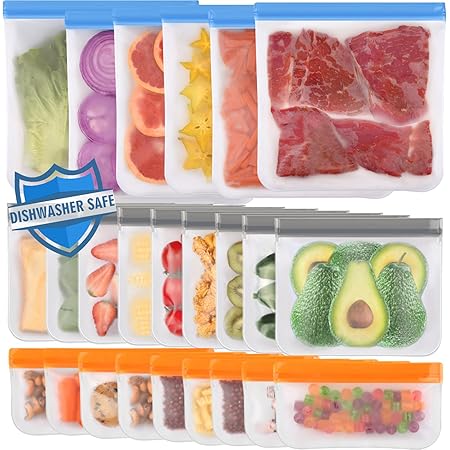 24 Pack Dishwasher Safe Reusable Bags Silicone, Extra Thick Leakproof Reusable Freezer Bags, BPA Free Reusable Sandwich Bags for Lunch Meat Veggies (6 Gallon 9 Snack 9 Sandwich Bags)